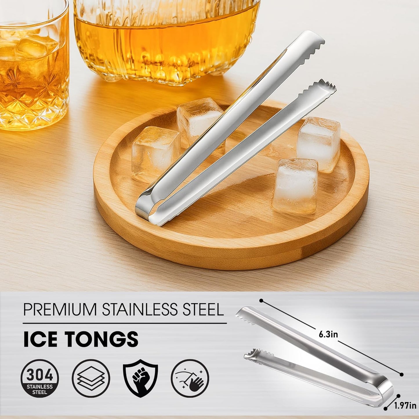 DUGATO Stainless Steel Cocktail Tongs (2 Pack, 6.3 inch) - Small Bar Ice Tongs with Sharp Grip Teeth for Ice Buckets, Sugar, Olives & Garnishes - Party Essentials