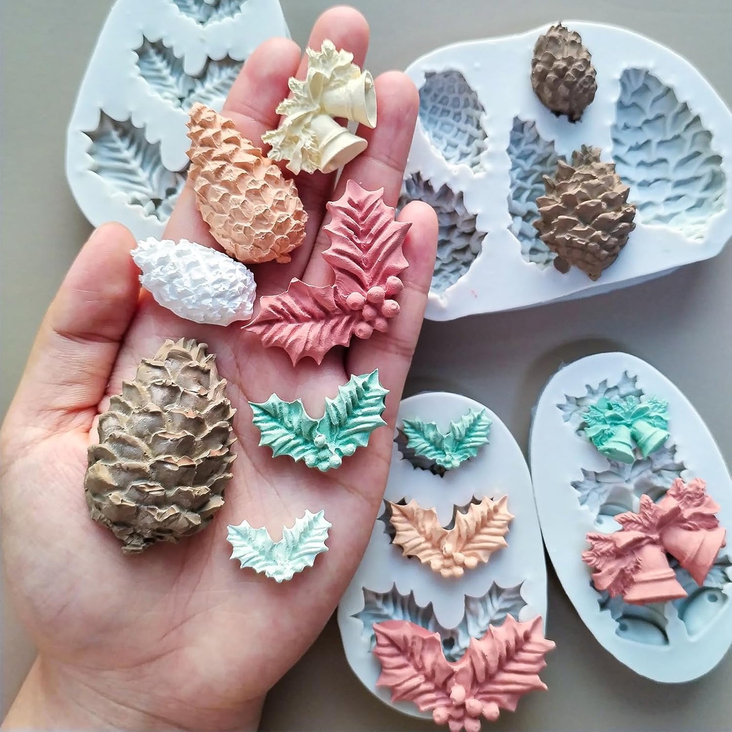 4PCS Christmas Fondant Molds, Christmas Holly Leaves Bells Pinecone Silicone Chocolate Molds, Unique Shape Cake Pop Candy Gummy Molds for Baking, DIY Holiday Dessert Polymer Clay Candle Craft