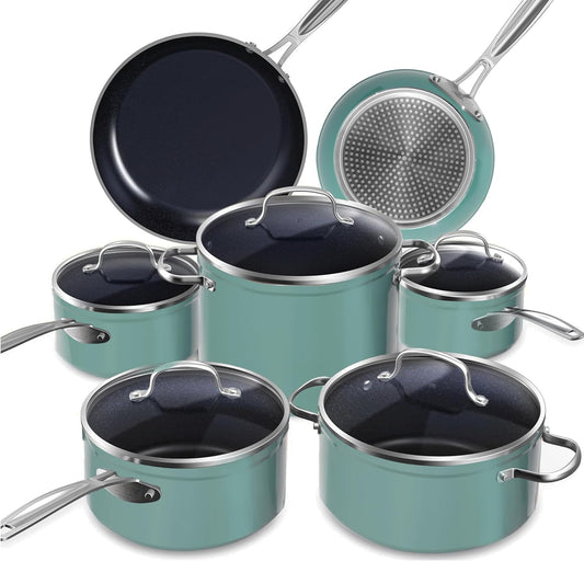 Nuwave Healthy Duralon Blue Ceramic Nonstick Cookware Set, Diamond Infused Scratch-Resistant, PFAS Free, Dishwasher & Oven Safe, Induction Ready & Evenly Heats, Tempered Glass Lids & Stay-Cool Handles