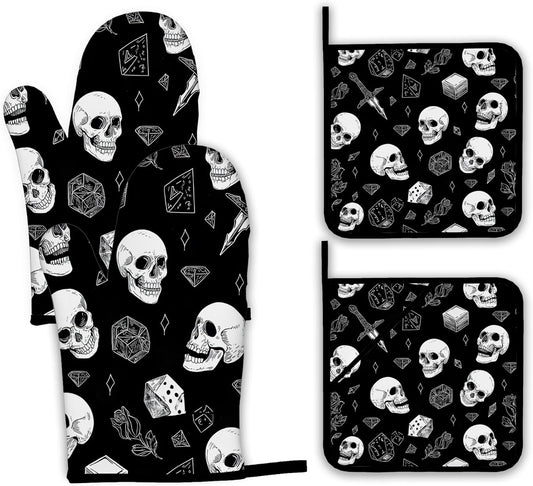 Skull Head Oven Mitts and Pot Holders, Rose Heat Resistant Oven Mitts Gloves and Pot Holder for Home Kitchen Decorations Cooking Baking BBQ Gifts,Set of 4