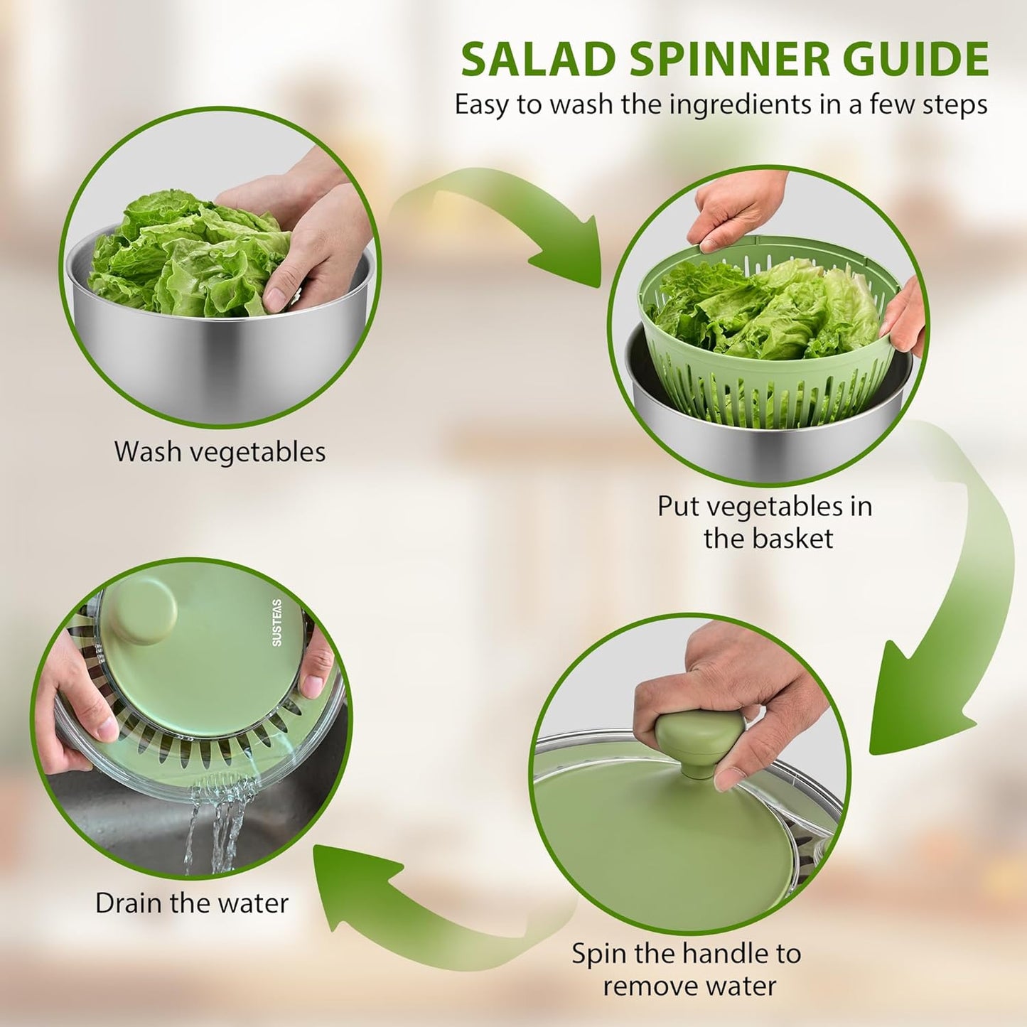 SUSTEAS Stainless Steel Salad Spinner, Lettuce Spinner with Non-Slip Base, Drainage Hole, Stop Button, Vegetable Dryer, Fruit Washer, BPA-Free, Dishwasher Safe, 4.25Qt