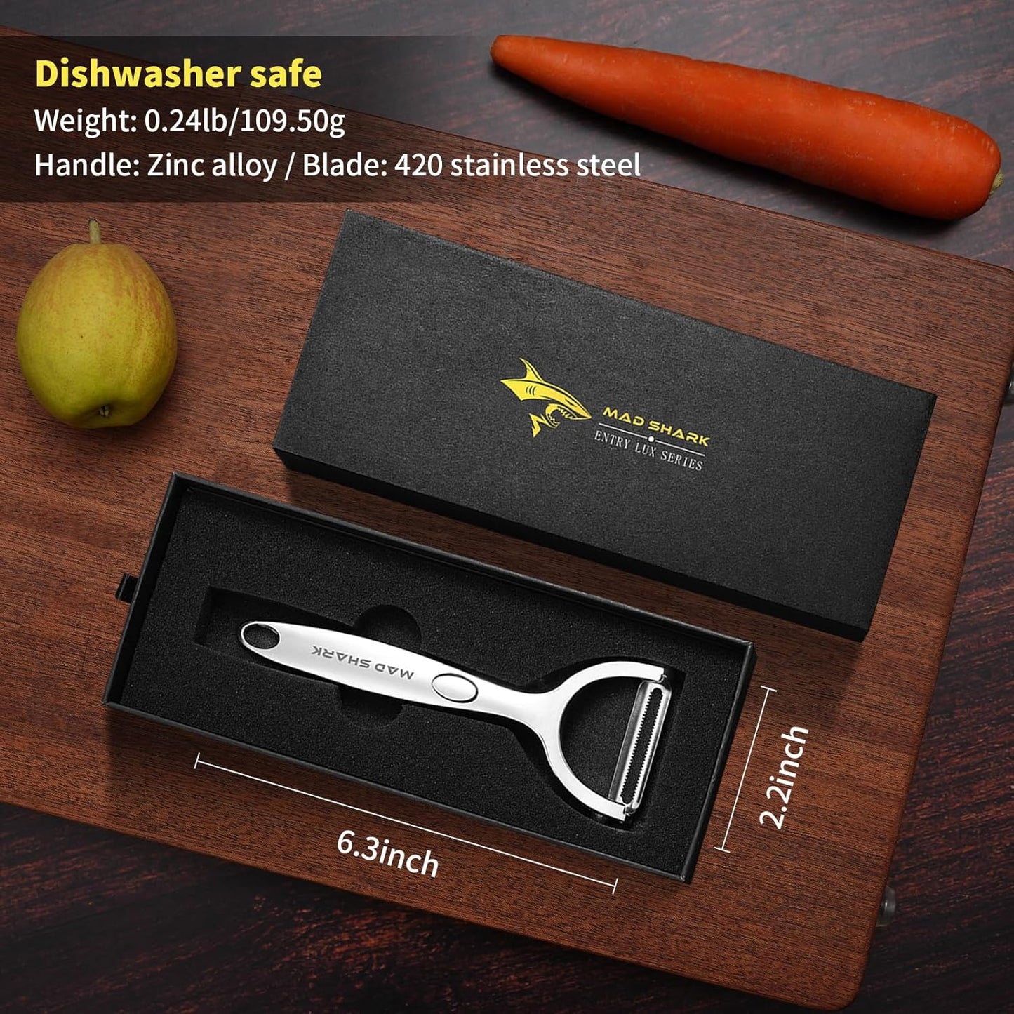 MAD SHARK Ultra Sharp vegetable peelers for kitchen – 10 Years No-Rust Stainless Steel Serrated Potato Peeler Easy to Use Y Peeler with Durable Non-Slip Ergonomic Grips for Carrots, Fruits, Veggie