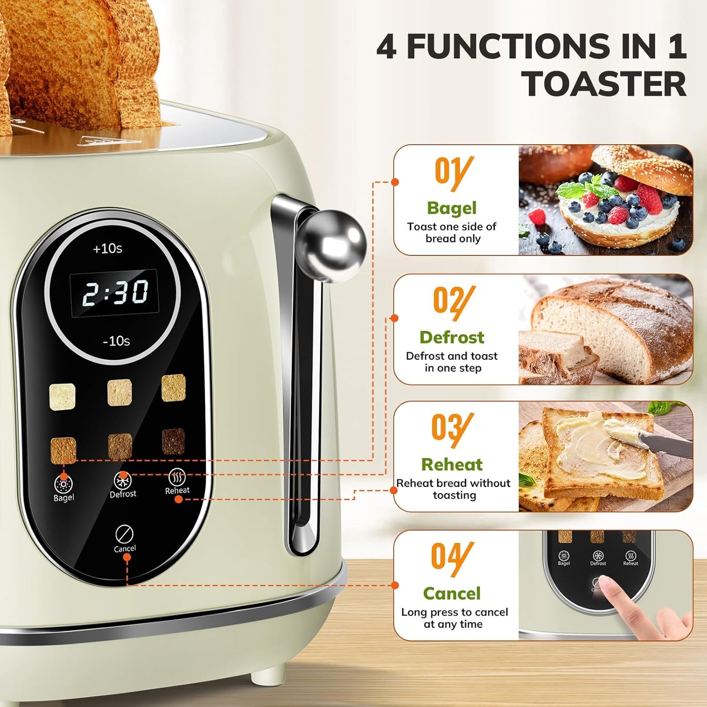 Keenstone Smart Touch Screen Toaster 2 Slice, Retro Wide Slot Stainless Steel Toaster with 6 Browning Levels, Reheat & Defrost, for Bagel, Toast, Bread, Removable Crumb Tray, Beige