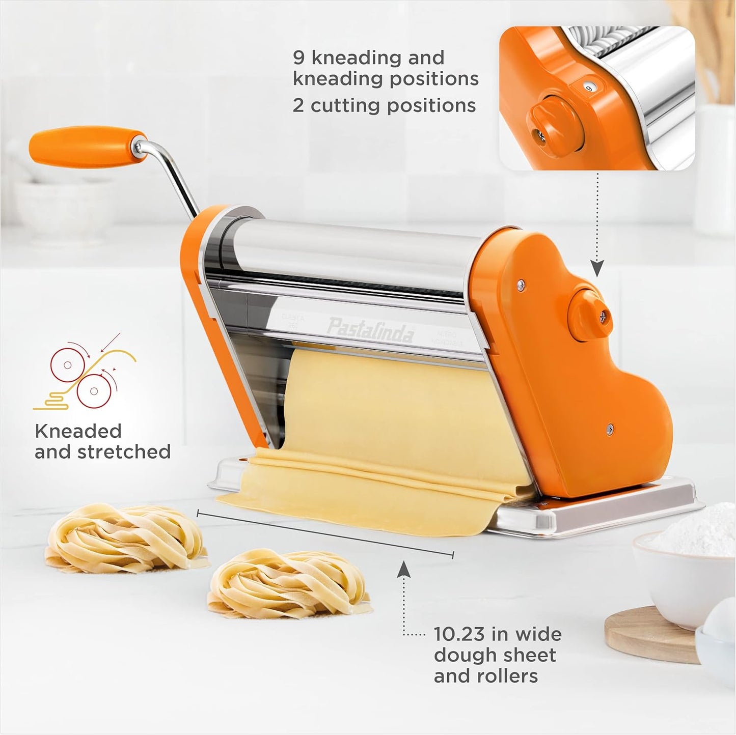 PASTALINDA Classic 260 Pasta Maker Machine, 26 cm Wide Rollers, 9 Thickness Positions, 2 Cutting Positions, Stainless Steel. Includes Reinforced Hand Crank And Two Clamps (Orange)