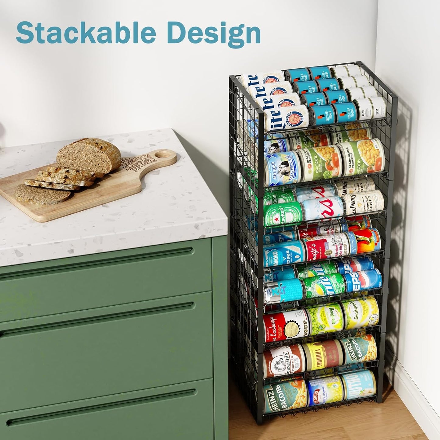 3-Pack Stackable Can Rack Organizer for Pantry, Adjustable Can Holder for Various Ounce of Cans up to 90, Rolling Can Dispenser for Canned Food Soup Goods Storage in Kitchen Cabniet, 2 Tier, Black