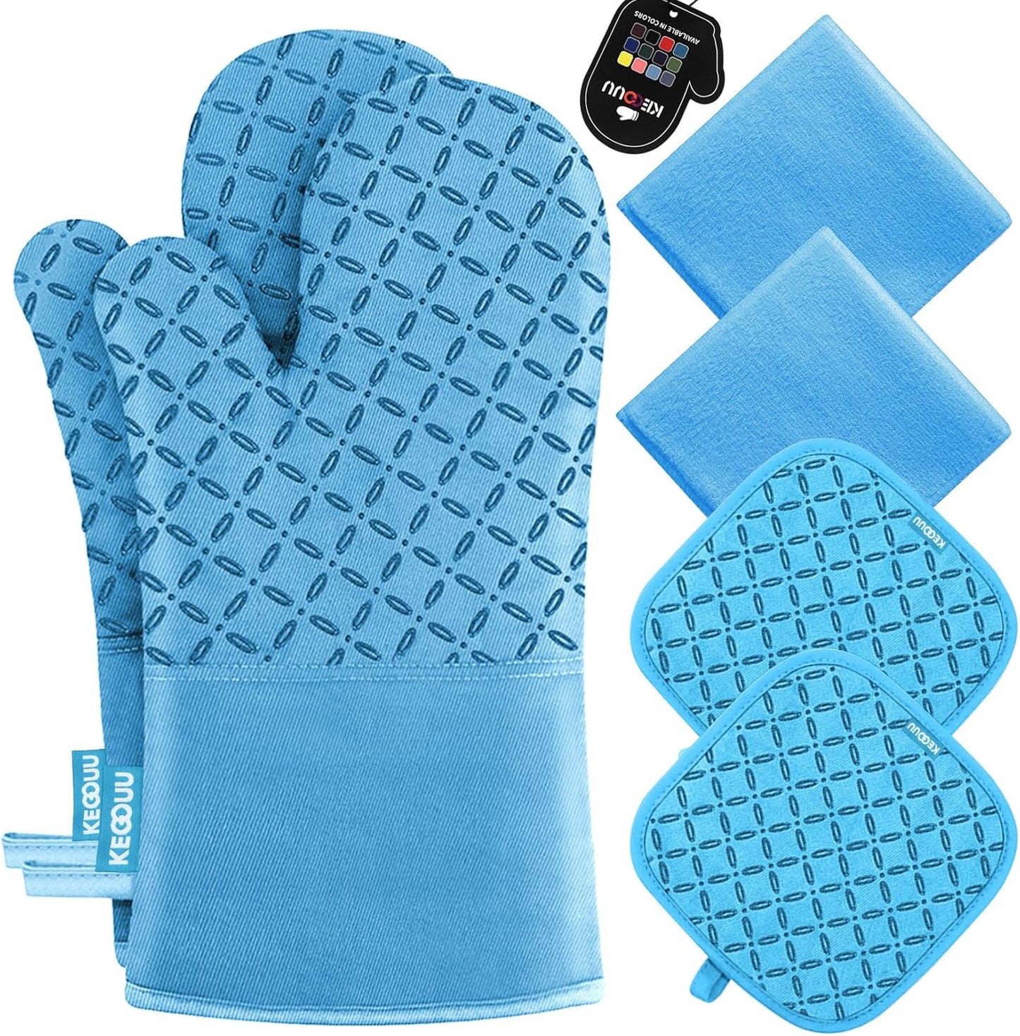 KEGOUU Oven Mitts and Pot Holders 6pcs Set, Kitchen Oven Glove High Heat Resistant 500 Degree Extra Long Oven Mitts and Potholder with Non-Slip Silicone Surface for Cooking (Sky Blue)