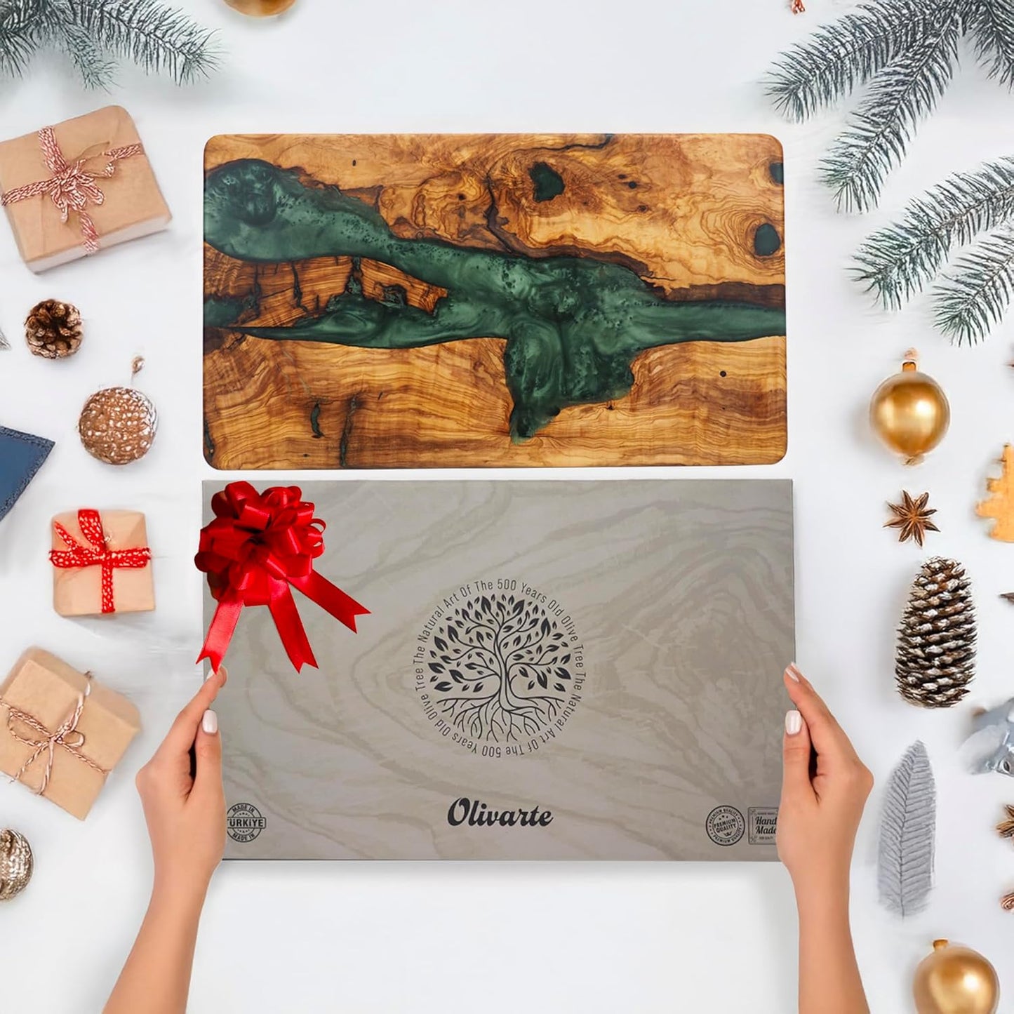 Handmade Epoxy Cutting Board & Charcuterie Board - Decorative, Olive Wood Boards for Serving Cheese, Fruit, Meat - Ideal for Kitchen, Unique Housewarming Gift - Emerald Resin