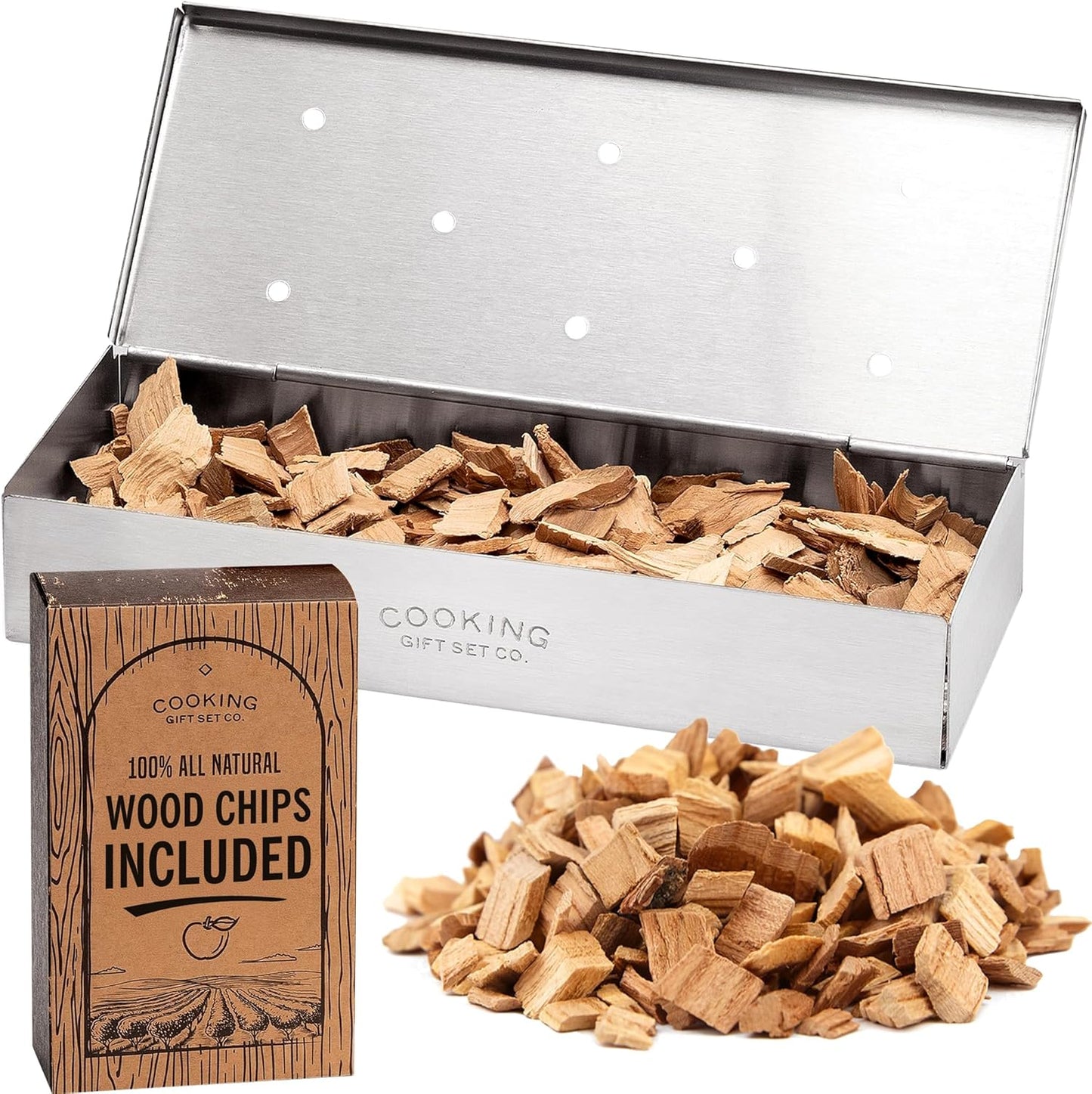 BBQ Smoker Box Kit – Stainless Steel Smoker with Hinged Lid, Apple Wood Chips, Hickory Salt – Grilling Accessories and Grilling Gifts for Men – Great Birthday Gifts for Men Who Love to BBQ