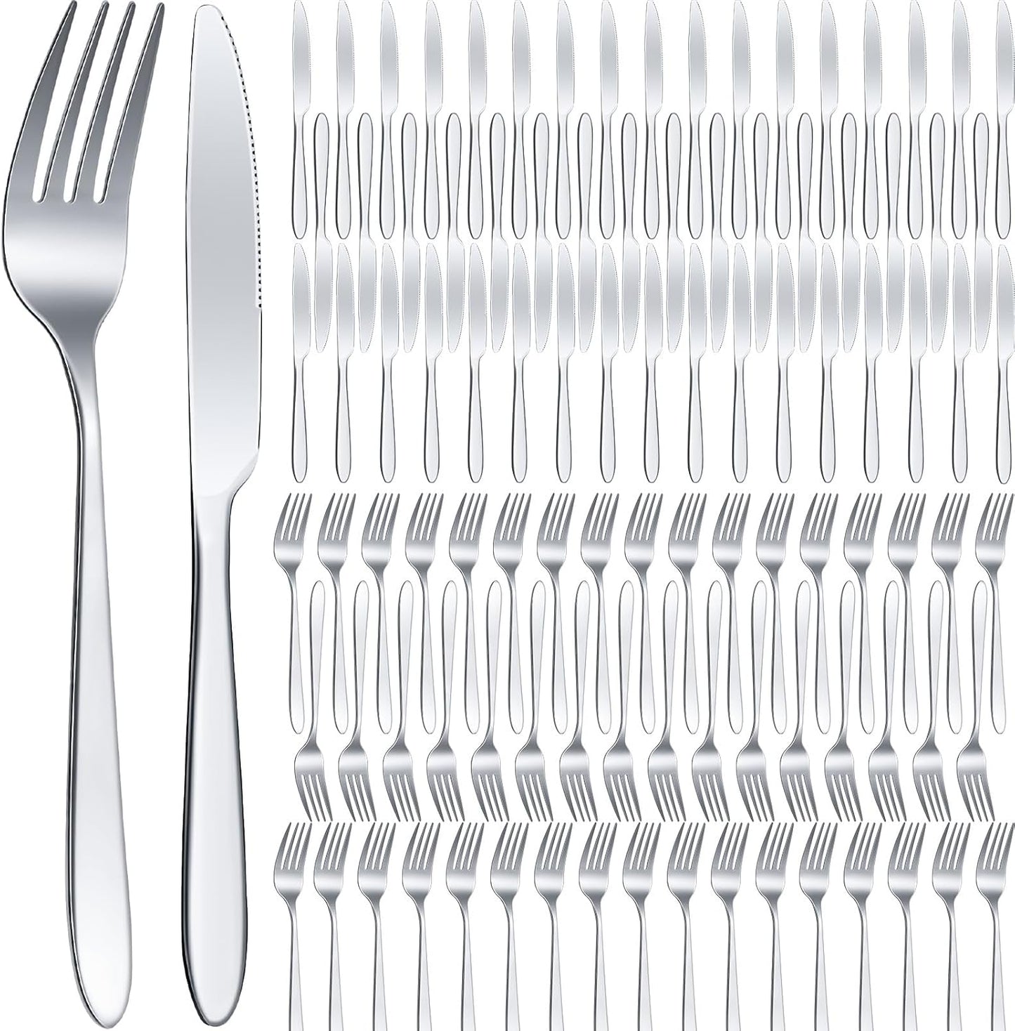 Nuenen 100 Pieces Stainless Steel forks and knives Dinner Flatware Set Tableware Cutlery for Butter Kitchen Restaurant, Dishwasher Safe(Silver,8.4 Inches, 7.1 Inches)