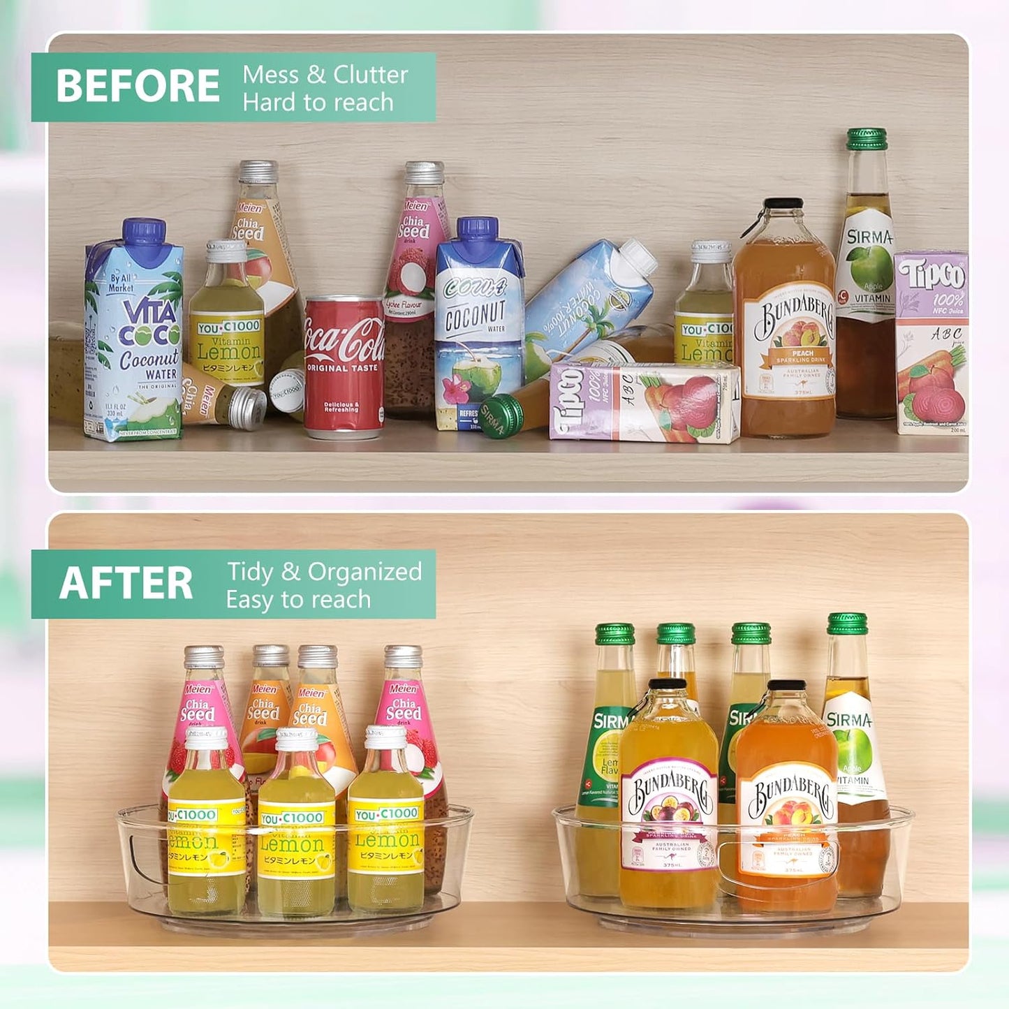 GUZON 2 Pack Lazy Susan Turntable for Cabinet, 10 Inch Lazy Susan Organizer with Handles and High Sides, Clear Rotating Organizer for Kitchen, Pantry, Dresser, Refrigerator, Bathroom, Table, Fridge