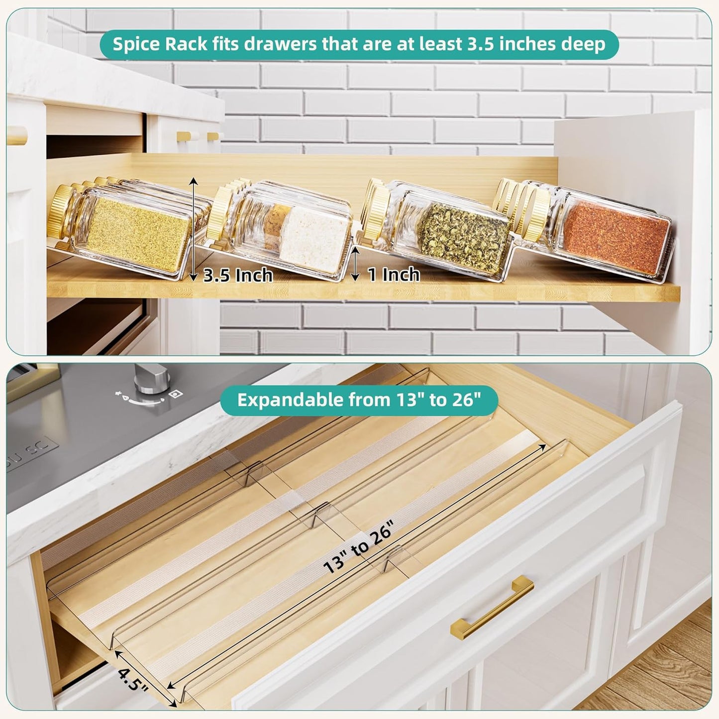 MIUKAA Acrylic Spice Drawer Organizer, 4 Tier - 8 Pack Seasoning Organizer for Drawer, Expandable From 13" to 26" Kitchen Drawer Spice Rack with Slip-Proof Mat (Jars not Included)