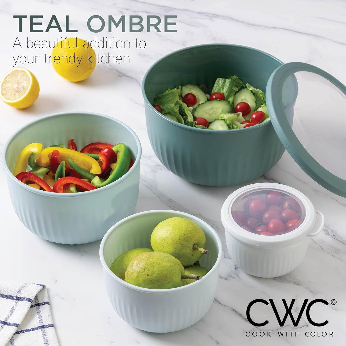 COOK WITH COLOR Prep Bowls with Lids- Wide and Deep Nesting Plastic Small Mixing Bowl Set with Lids, 12 Piece Set - Deep Bowls, Teal