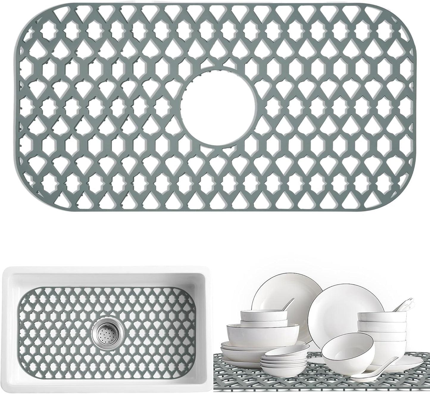 Silicone Sink Protectors - 13x11 & 16x12 & 19x14 & 22x13 & 24x13 & 26x14 & 28x14 & 30x16, Large Grid Mats for Farmhouse Sink (24'x13', Center Drain)