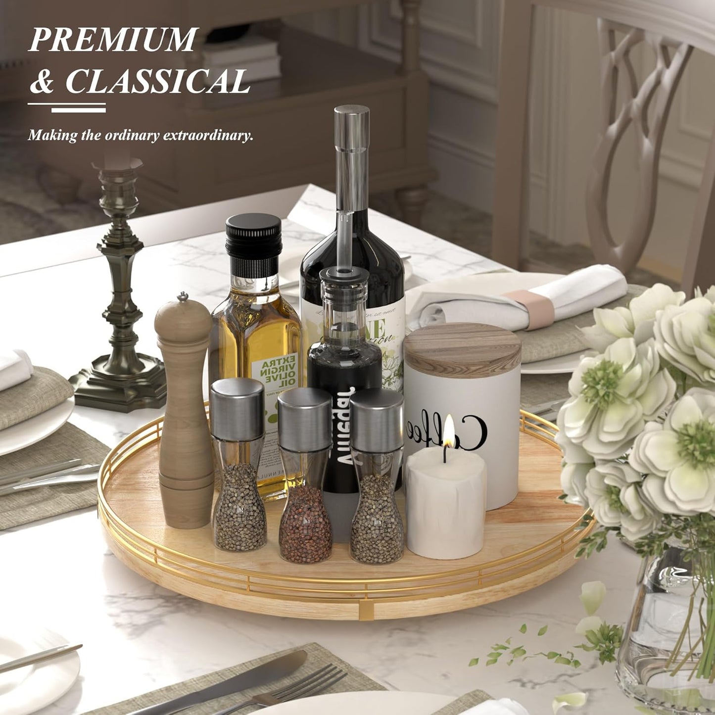 16 Inch Rustic Lazy Susan Turntable – Solid Oak & Iron Wood Rotating Tray for Dining Table, Kitchen Counter, Coffee Table – Farmhouse Style Large Wooden Lazy Susan Organizer for Home Décor