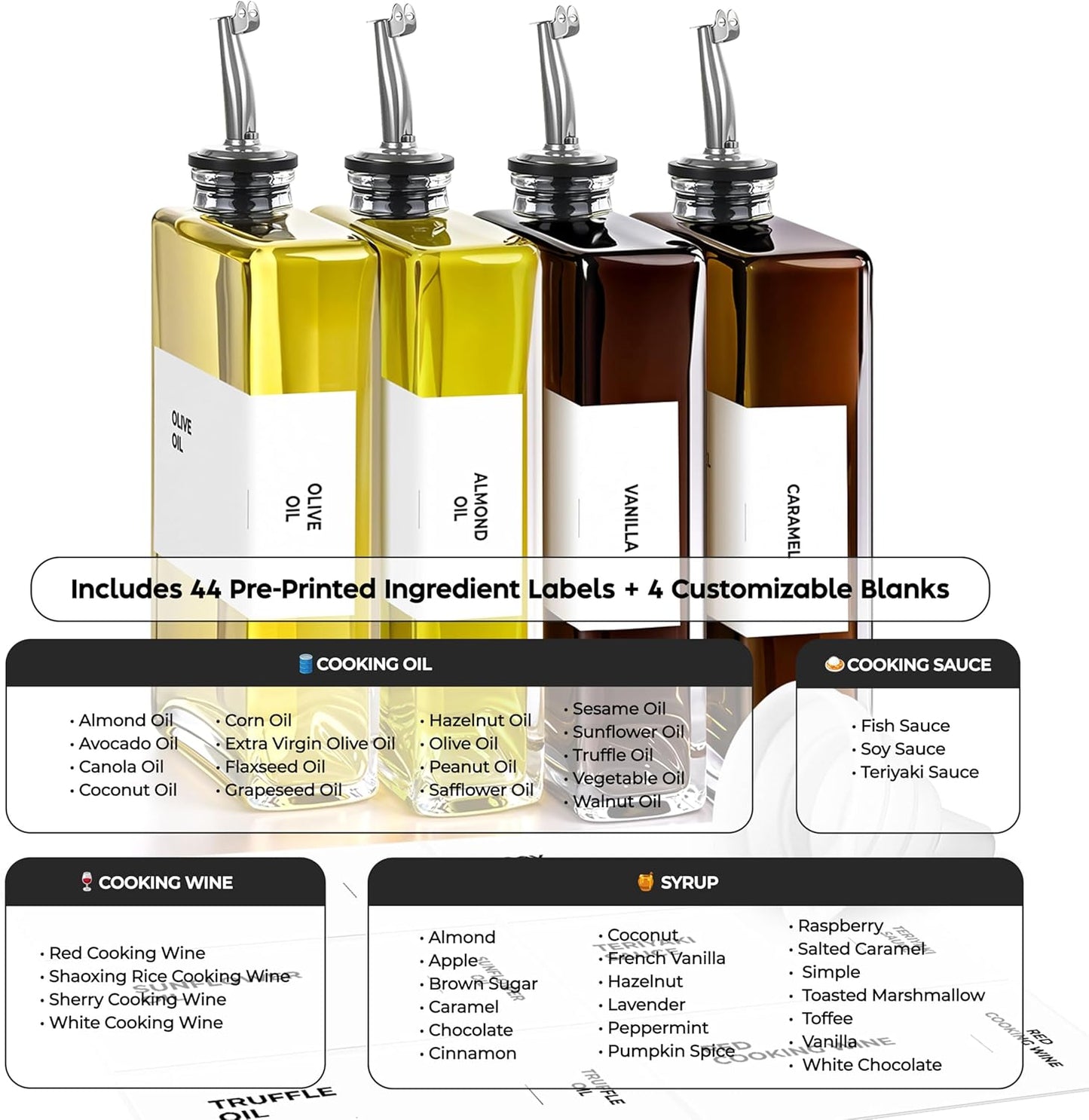 Olive Oil Dispenser Bottle - Includes 44 Kitchen Essential Labels - Cooking Oil Bottles for Kitchen, Coffee Syrup Dispenser - Pourer Spout with 11.8 fl oz Glass Container Cruet - 4pcs Silver
