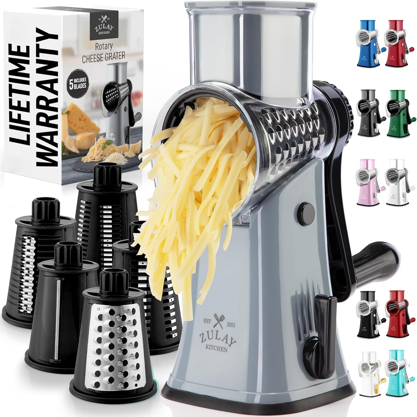 Zulay Kitchen Rotary Cheese Grater 5 Blade Cheese Shredder - Manual Hand Crank Cheese Grater With Reinforced Suction & 5 Interchangeable Drums - Easy to Use, Vegetable Chopper Round Mandoline Slicer