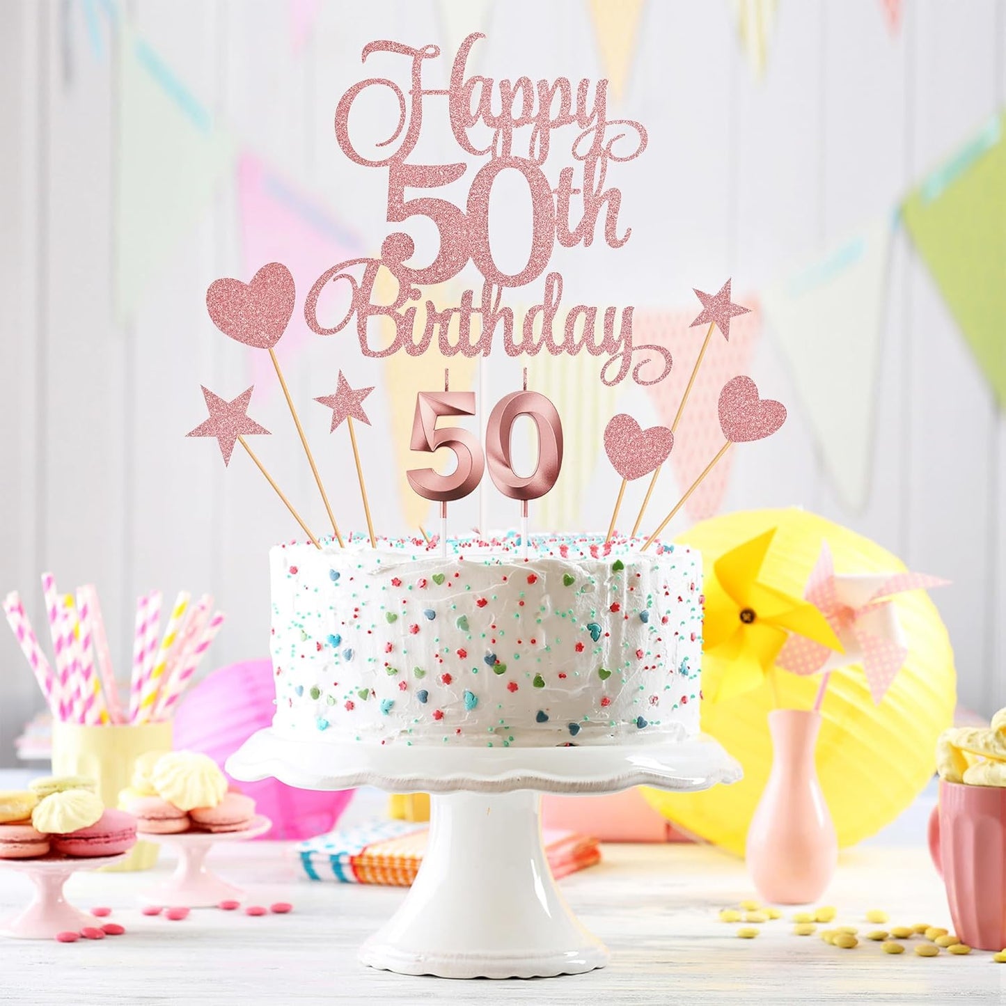 50th Birthday Cake Decorations, 50th Birthday Candles Cake Numeral Candles and Glitter Happy 50th Birthday Cake Toppers Set for Birthday Party Supplies (Rose Gold)