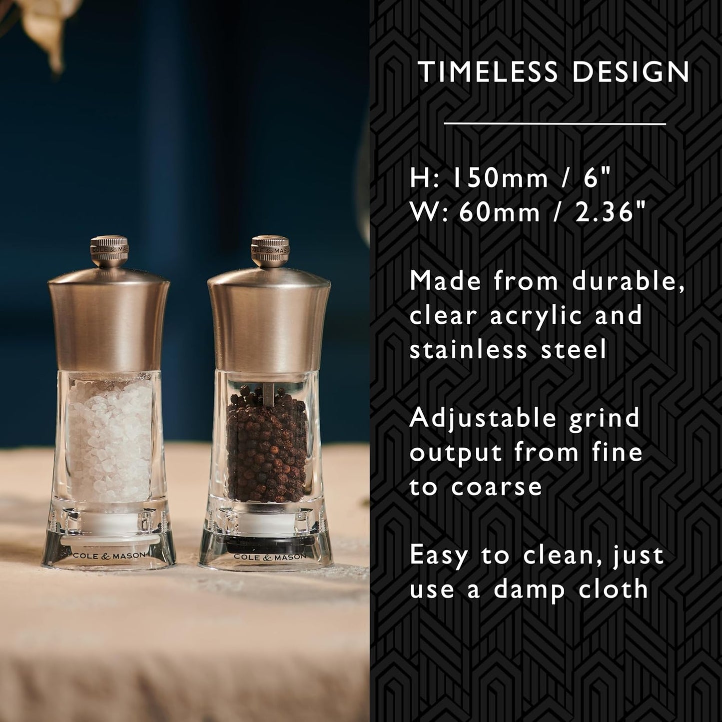 Cole & Mason Bromley Salt Mill, 6" - Salt Grinder with Ultra-Sharp Grinding Mechanism - Flavor-Enhancing Salt Shaker - Refillable Mill with Adjustable Grinding - Acrylic, Salt Mill