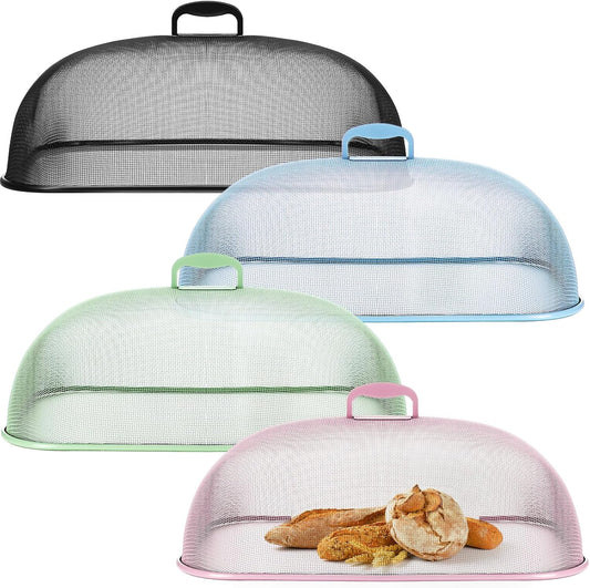 Hicarer 4 Pcs Metal Mesh Screen Food Cover for Outdoors Set Large 18.5 Inch Mesh Food Tents for Outdoor Mesh Food Covers Picnic Food Covers for Indoor Plate (Black, Blue, Green, Pink)
