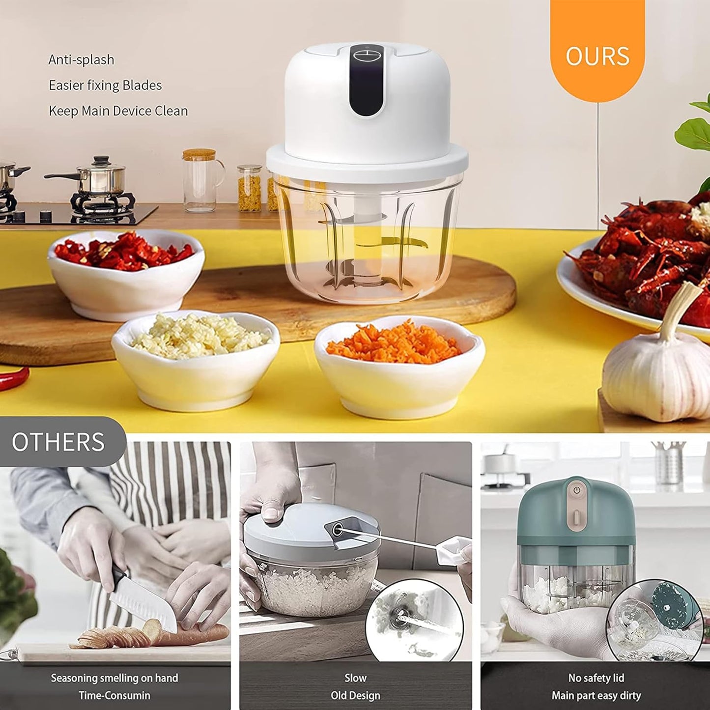 350ML Electric Garlic Chopper, Portable Veggie Chopper,Garlic Grinder Masher Onion Chopper, Blender to Vegetable, Cordless Food Processor for Ginger, Chili, Fruit, Meat, Spices, Beans, etc