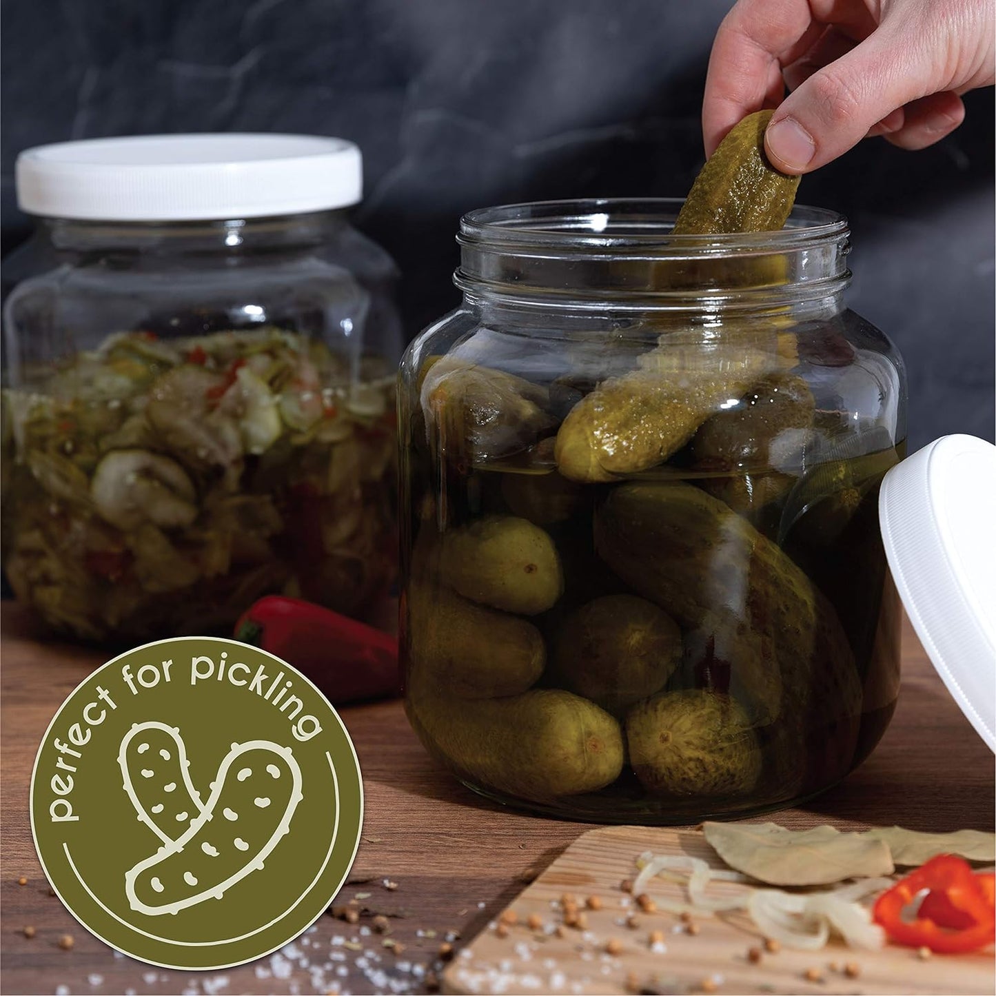 kitchentoolz Half Gallon Mason Jar - Glass Jar Wide Mouth with Airtight Foam Lined Plastic Lid - 1/2 Gallon Jar for Sourdough Starter, Fermenting Kombucha Kefir, Pickling, & Canning 2 Pack