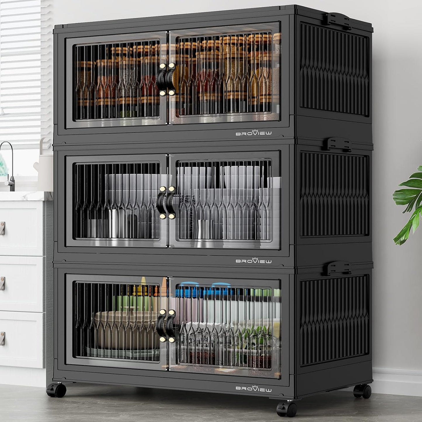 360Qt Stackable Storage Bins with 3 Lids, Extra Large Closet Organizer Collapsible Drawer Boxes with Wheels, Folding Plastic Cabinet Containers for Home Kitchen Room Organization, 3Pack Black