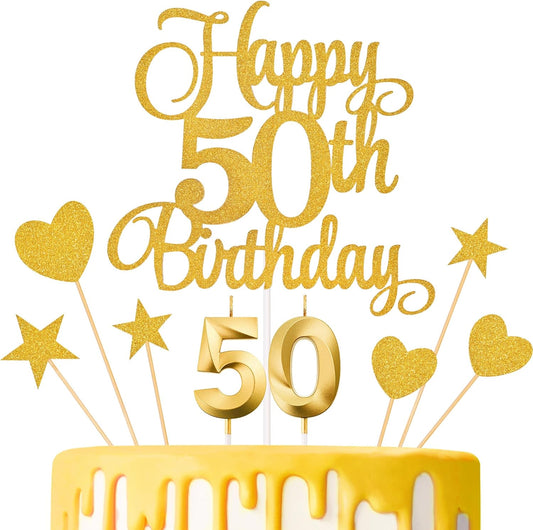50th Birthday Cake Decorations, 50th Birthday Candles Cake Numeral Candles and Glitter Happy 50th Birthday Cake Toppers Set for Birthday Party Supplies (Gold)