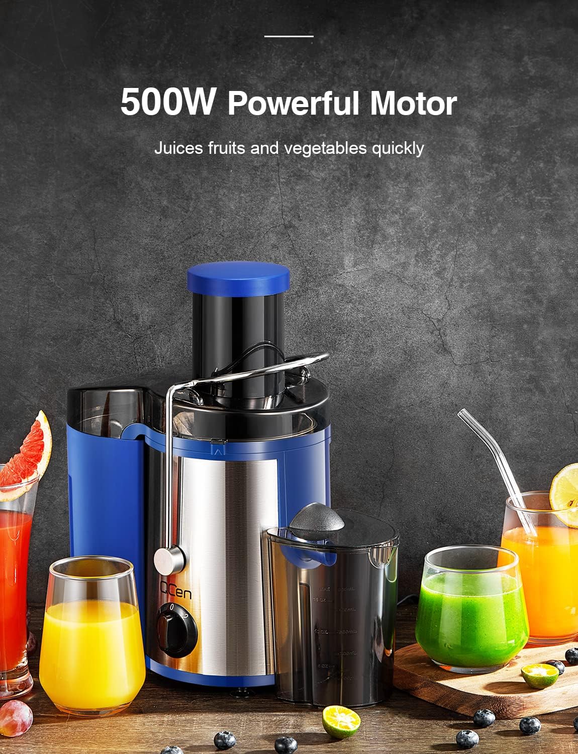 QCen Juicer Machine, 500W Centrifugal Juicer Extractor with Wide Mouth 3” Feed Chute for Fruit Vegetable, Easy to Clean, Stainless Steel, BPA-free (Blue)