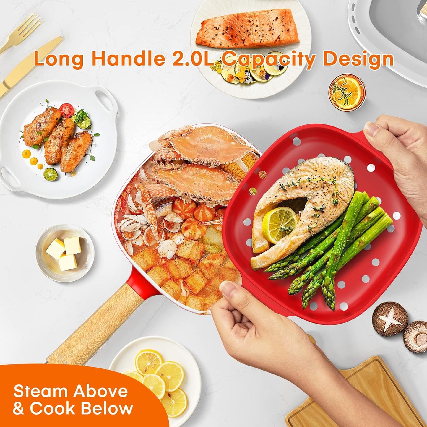 Audecook Hot Pot Electric 2L, Cermic Glaze Non-Stick Frying Pan 8 Inch, Portable Travel Cooker for Ramen/Steak/Fried Rice/Oatmeal/Soup, with Dual Power Control (Silicone Spatula Included)