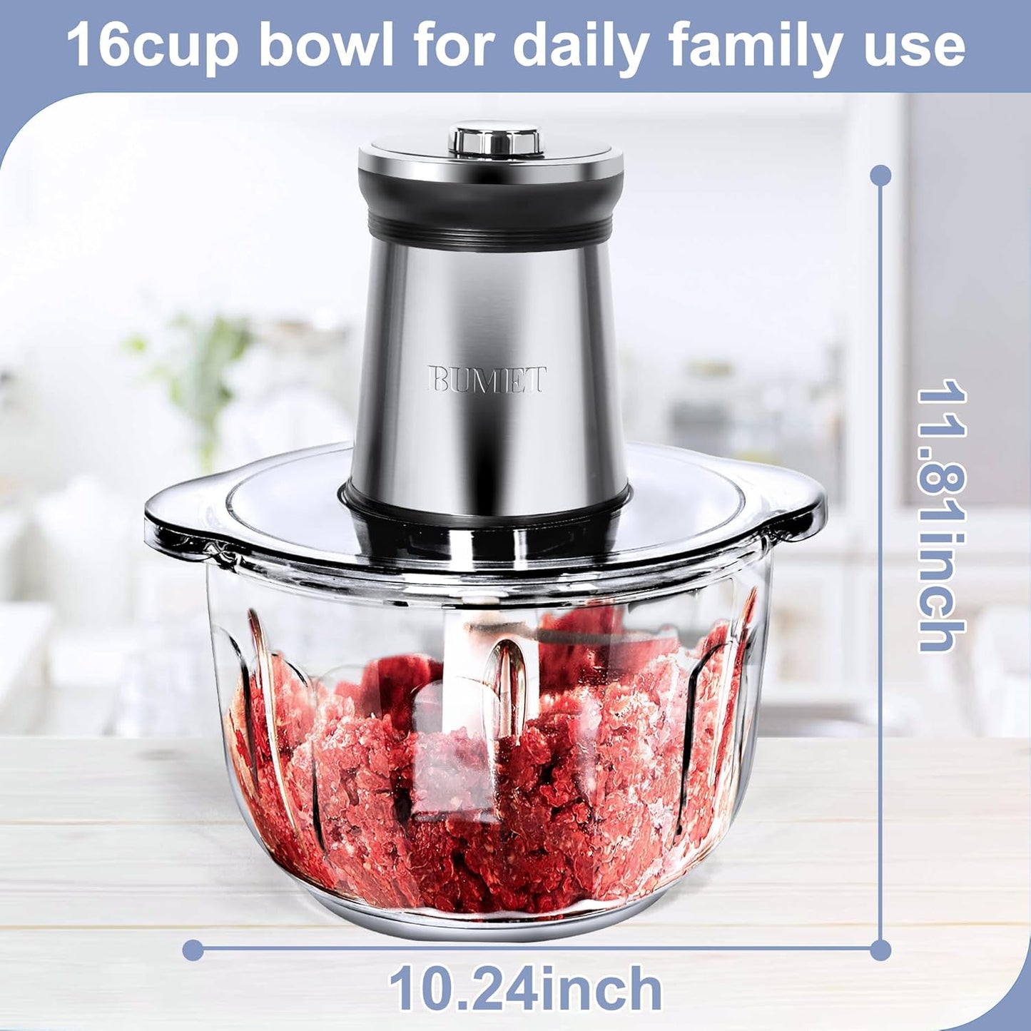 Electric Meat Grinder 850W Food Chopper Food processor with LED timer one 16cup thick glass bowl, 2 sets three-layers 6 blades cutter by BUMET
