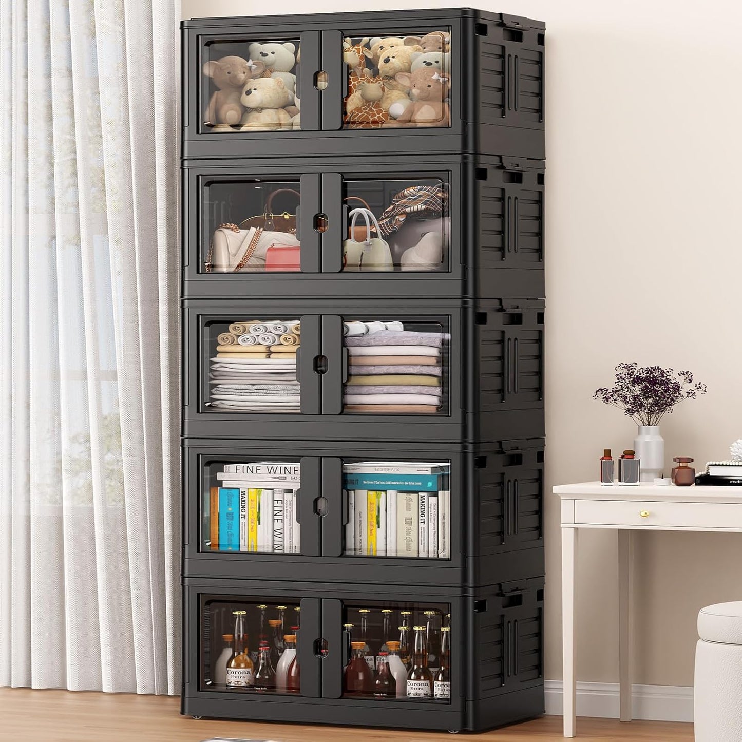 575Qt Stackable Storage Bins with Individual Lids & Wheels, Large Plastic Collapsible Latching Boxes Closet Organizers and Storage Cabinet Shelves Units for Home Kitchen Dorm, 5-Pack Black