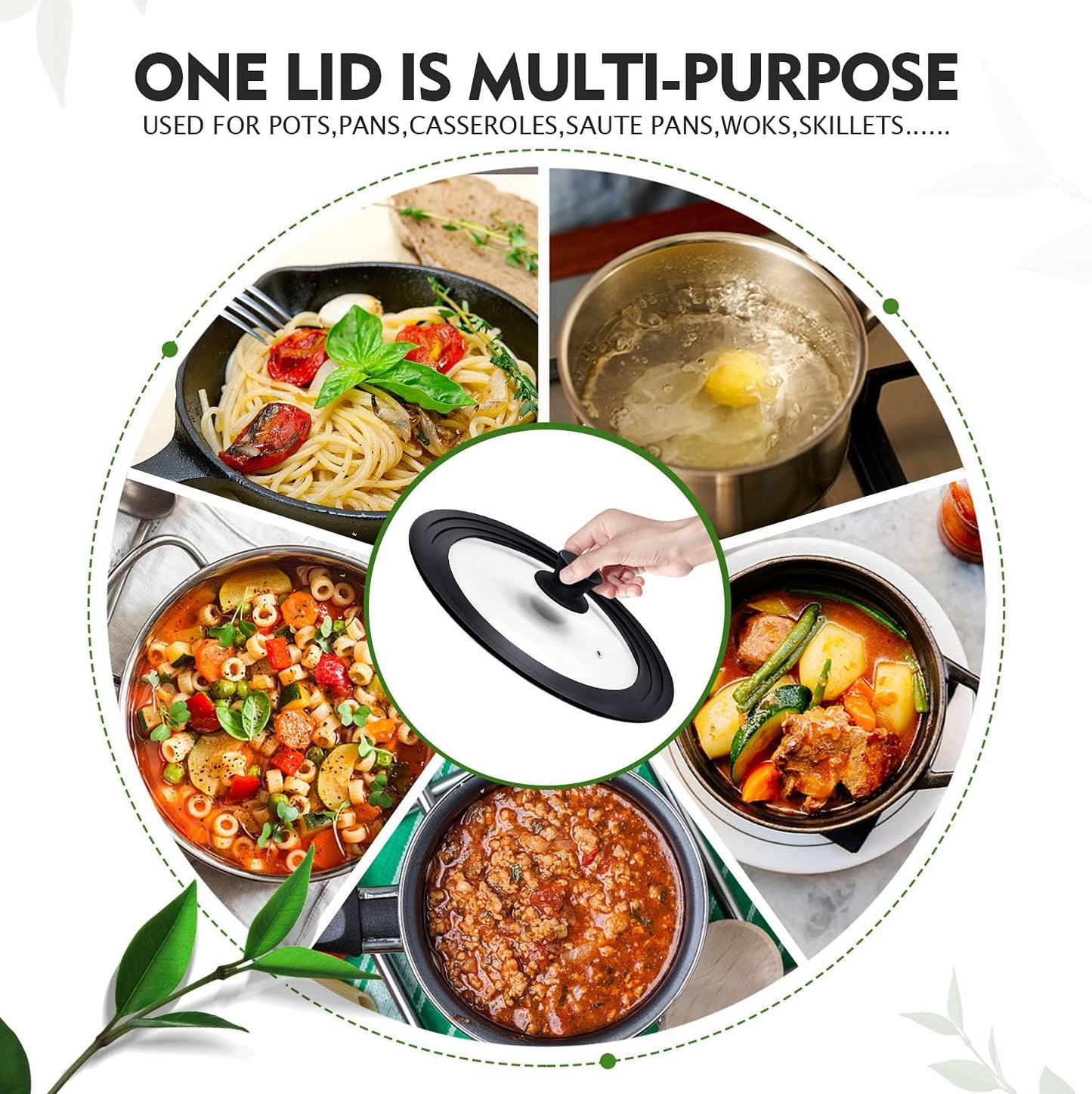 Universal Lid for Pots, Pans and Skillets, Pot Lid With Heat Resistant Silicone Rim and Tempered Glass,Fits 10", 11", 12" Diameter Pots and Pans