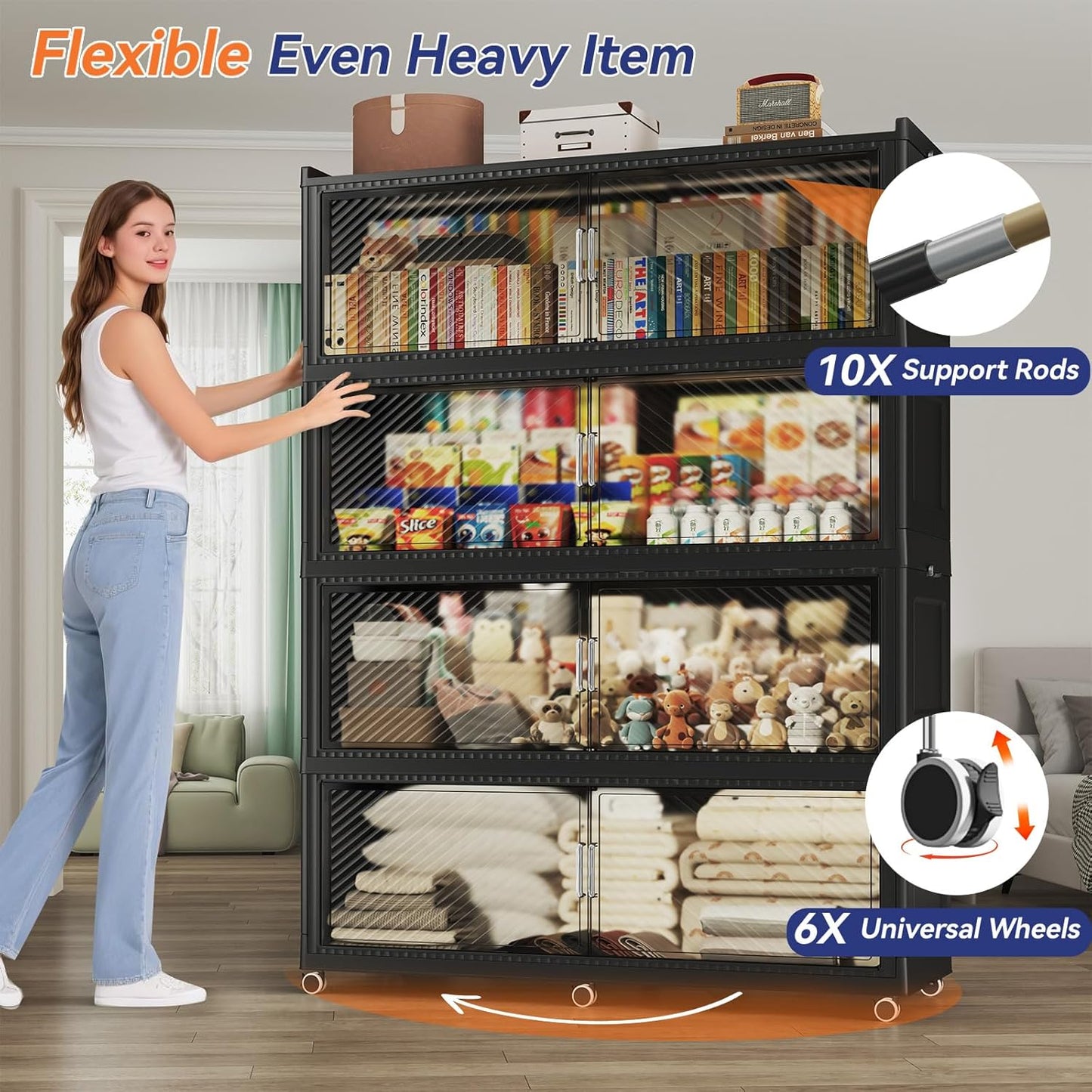 200GAL Extra Large Storage Bins with Lid, 800QT Plastic Stackable Storage Bins with 6x Wheels, Collapsible Closet Organizer and Storage Drawer Cabinet for Living Room Office Dorm, 4Pack Black