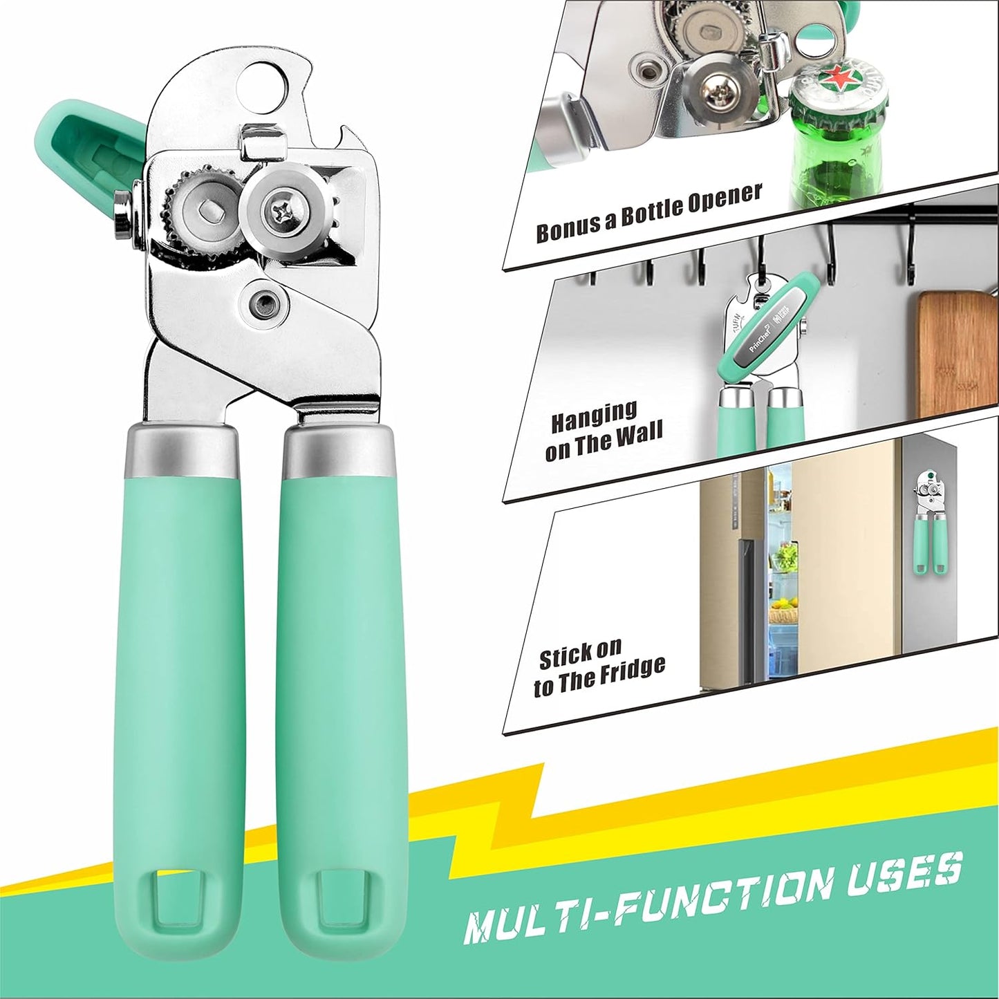 PrinChef Can Opener Manual, Can Tin Bottle Opener with Magnet - No-Trouble-Lid-Lift, Handheld Can Opener Smooth Edge with Sharp Blade, Heavy Duty and Easy to Use, for Seniors with Arthritis, Green