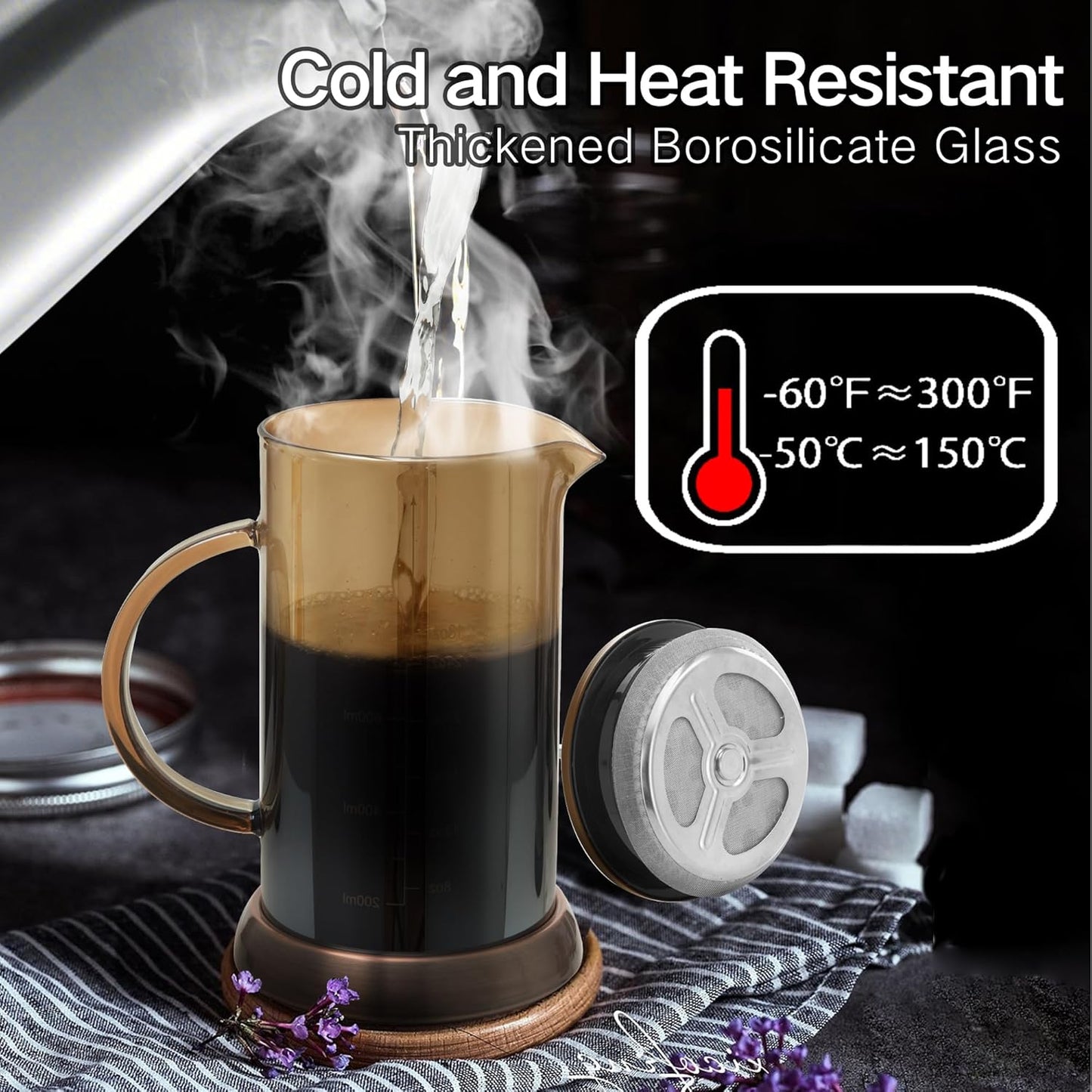 21 Ounce French Press Coffee Maker, 4-Cup Espresso Coffee Maker, Grey Cold Brew Heat Resistant Thickened Borosilicate Coffee Pot with 4 Stainless Steel Filter Screens