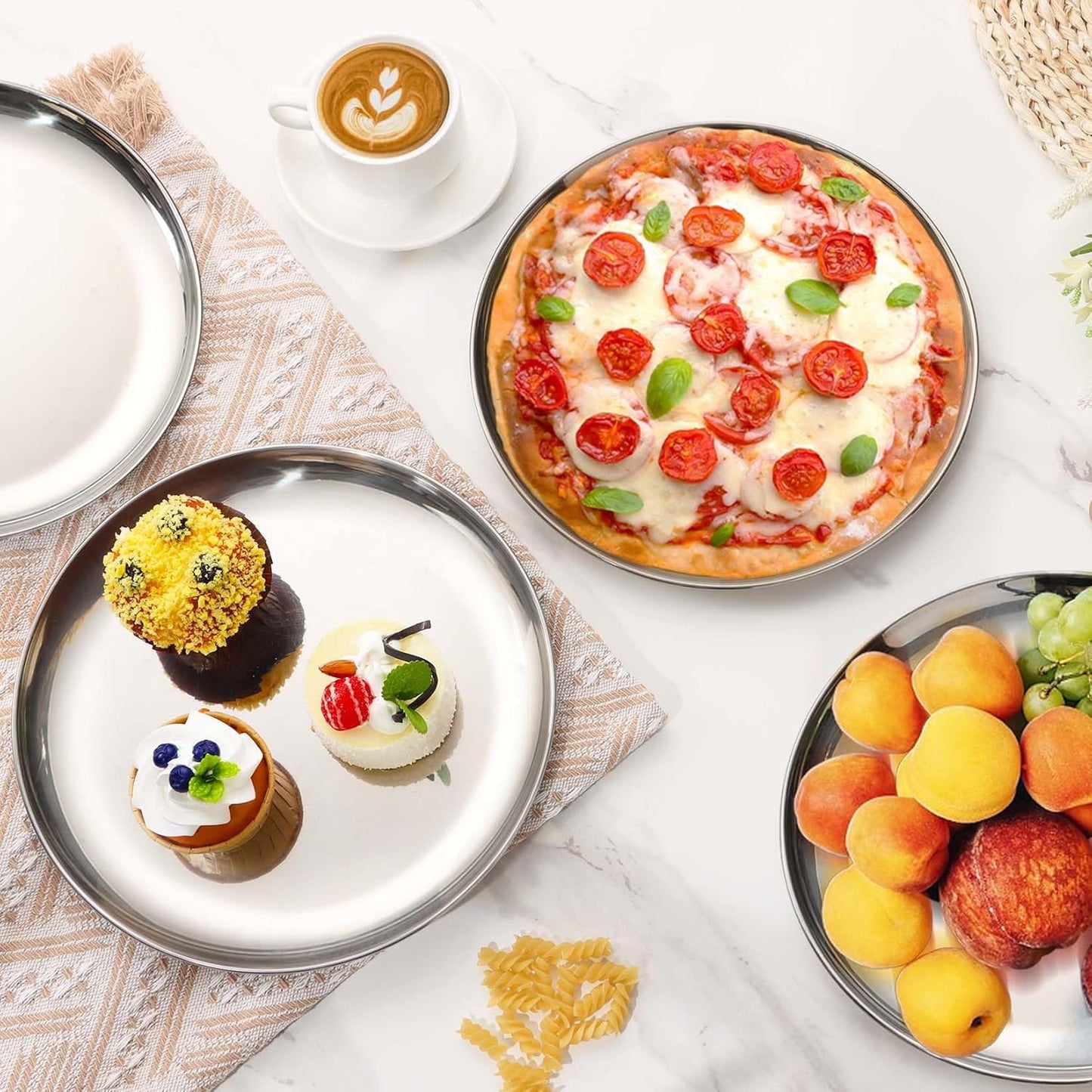 P&P CHEF 10 Inch Pizza Pan, Stainless Steel Round Pizza Tray Baking Pans, Pizzas Plate Serving Tray for Cookie Meat, Oven & Dishwasher Safe & Easy Cleaning, (Mirror Finish) - 4 Pieces