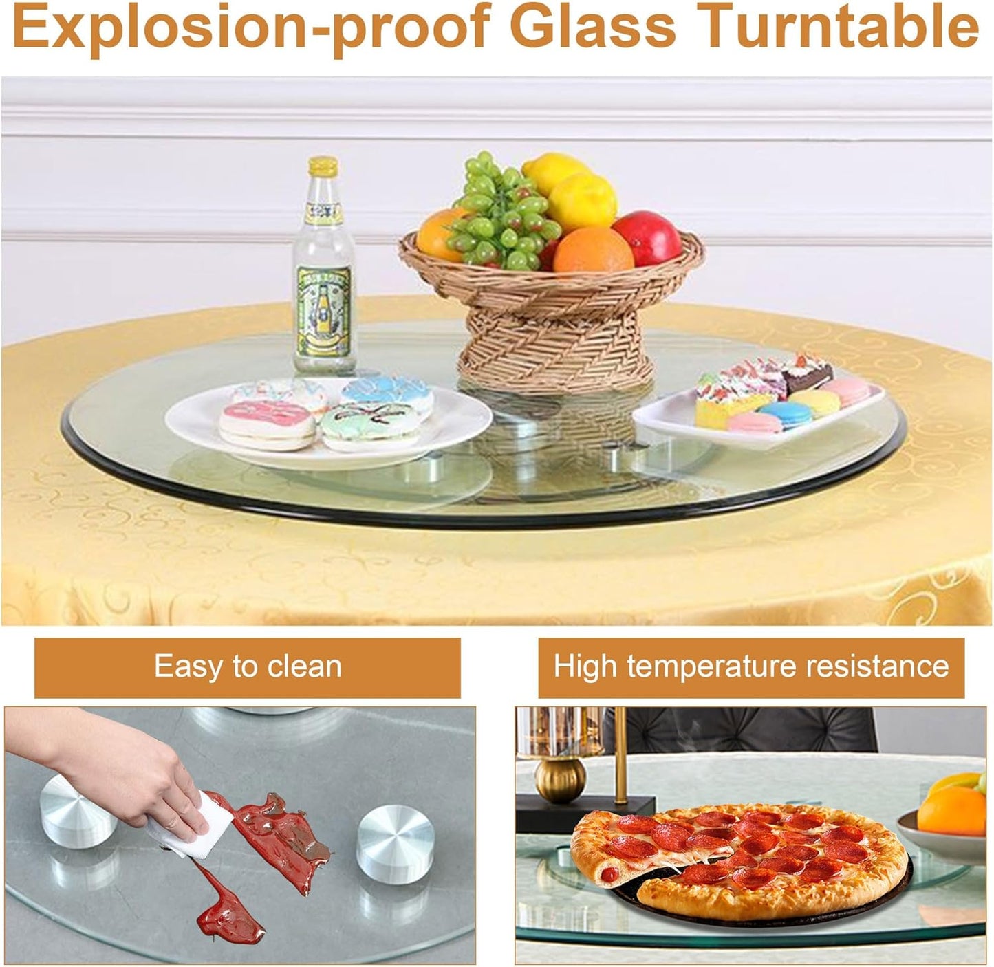 24" Tempered Glass Lazy Susan Turntable, 360° Silent-Spin Round Clear Tabletop Rotating Tray, Centerpiece for Dining Tables, Smooth Rotation, for Banquets, Weddings & Family Gatherings