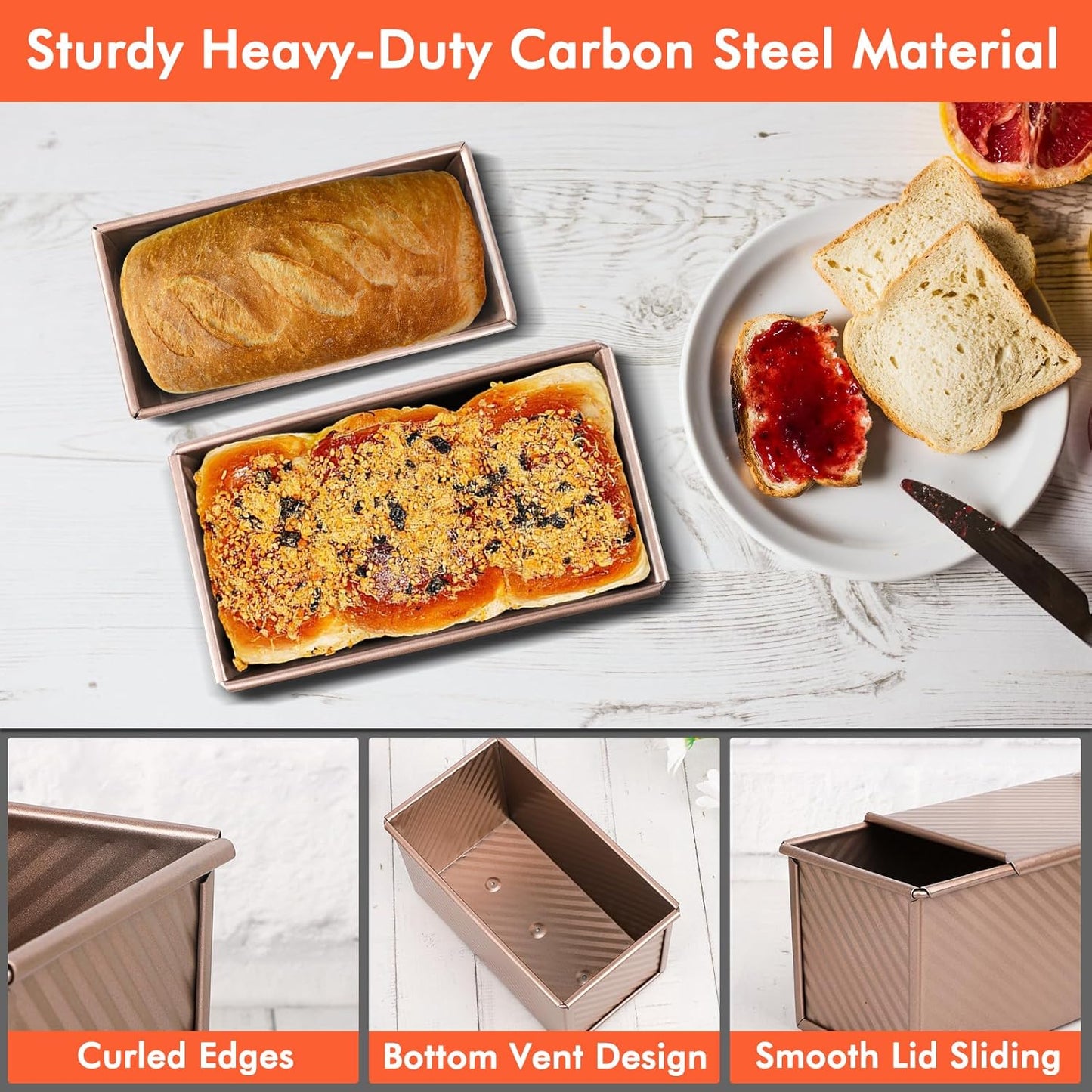 Beasea Pullman Loaf Pan with Lid, 2 Pack Non-Stick Bread Loaf Pans for Homemade Bread 1 lb & 0.5 lb Carbon Steel Bread Toast Box with Dough Scraper for Bread Toast Oven Baking - Rose Gold