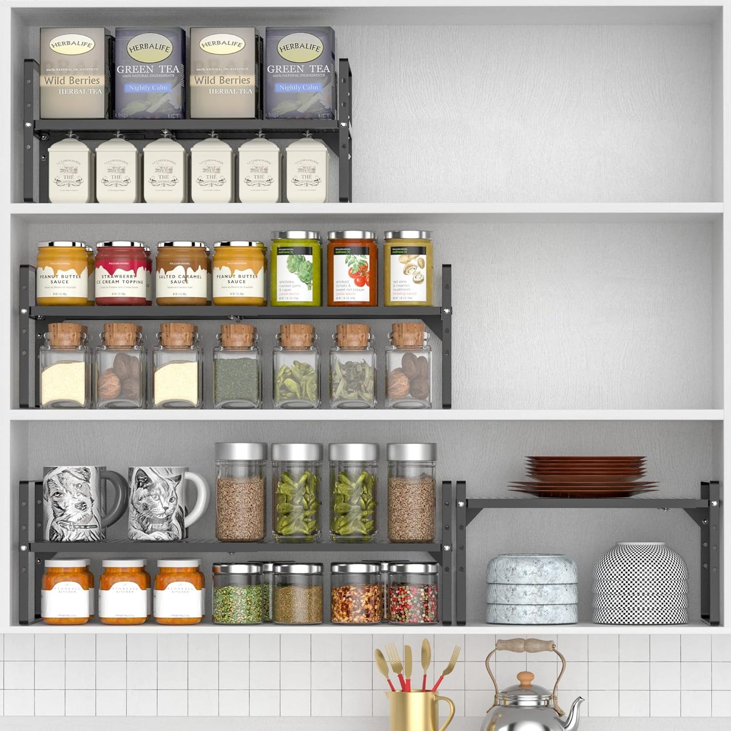 iPEGTOP 2 Pack Large Expandable Cabinet Storage Shelf, Heavy Duty Stackable Steel Metal Spice Rack Adjustable Height Home Office Pantry Garage Shelves for Counter Kitchen Organization, Black