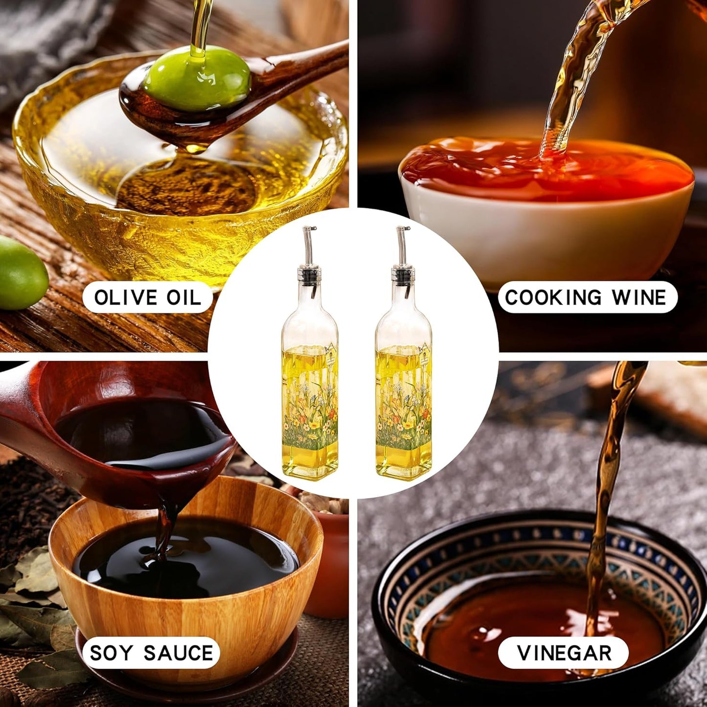 TZSSP Olive Oil Bottle, Oil & Vinegar Cruet Bottle 17oz/500ml - Dispenser Bottle Set, Glass Container with Drip-Free Stainless Steel Pourers, Bottle Set for Kitchen, Garden