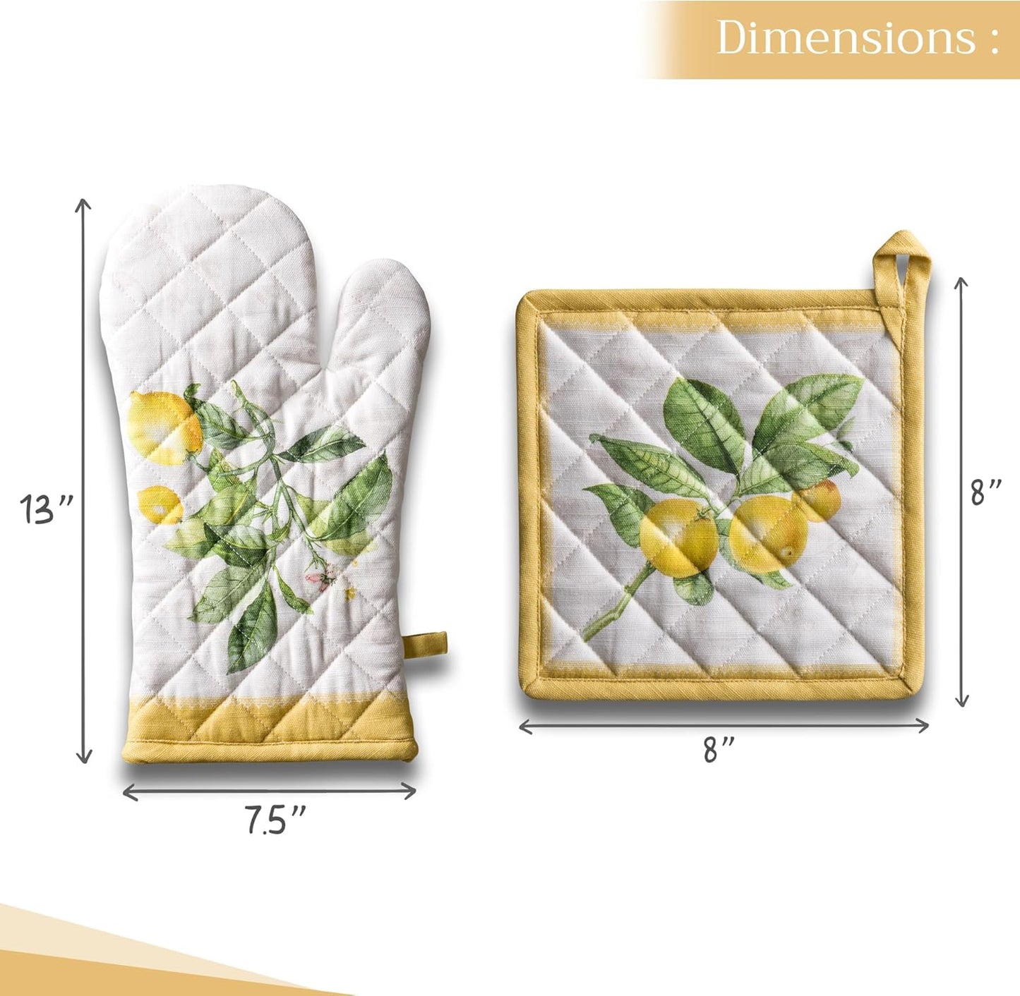Maison d' Hermine 100% Cotton Oven Mitt & Pot Holder Set (7.5"x13" & 8"x8") Heat Resistant BBQ Cooking Gloves with Loop, Baking, Grilling, Kitchen, Handling Hot Pans Spring/Summer (Limoncello)