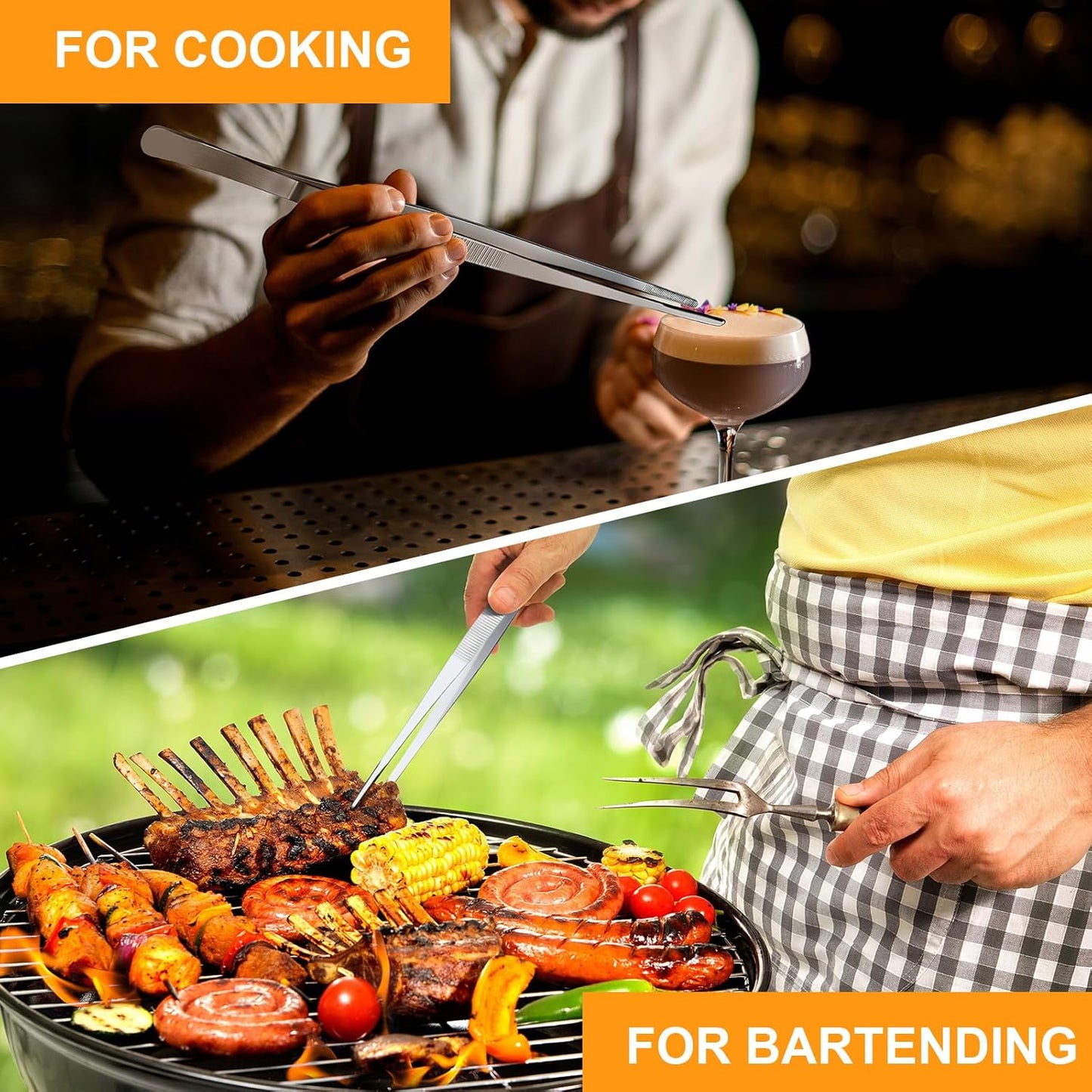 Yaomiao 4 Packs 10 Inch Bar Tweezers Silver Long Garnish Tongs Stainless Steel Kitchen Cooking Tongs Tweezers for Food Cocktail Korean BBQ Bartender Chef, Multi-use