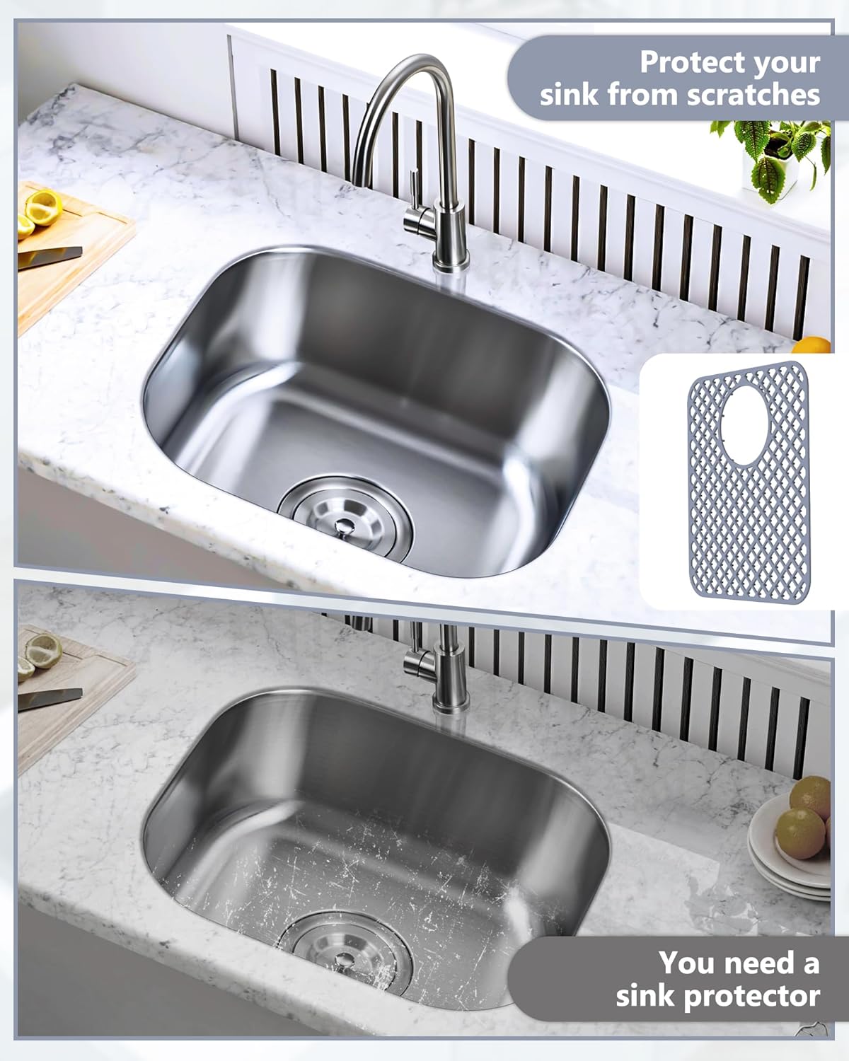 2 Pack Silicone Sink Protectors for Kitchen Sink, Lozenge Pattern 13 x 11 Inches Sink Mat, Non-Slip and Durable Sink Protector Silicone, Rear Drain, Gray