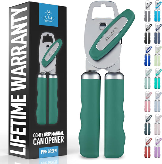Zulay Kitchen Heavy Duty Stainless Steel Can Opener Manual with Bottle Opener - Rust Proof Manual Can Opener With Turn Knob & Comfy Soft Grip Handles - Pine Green