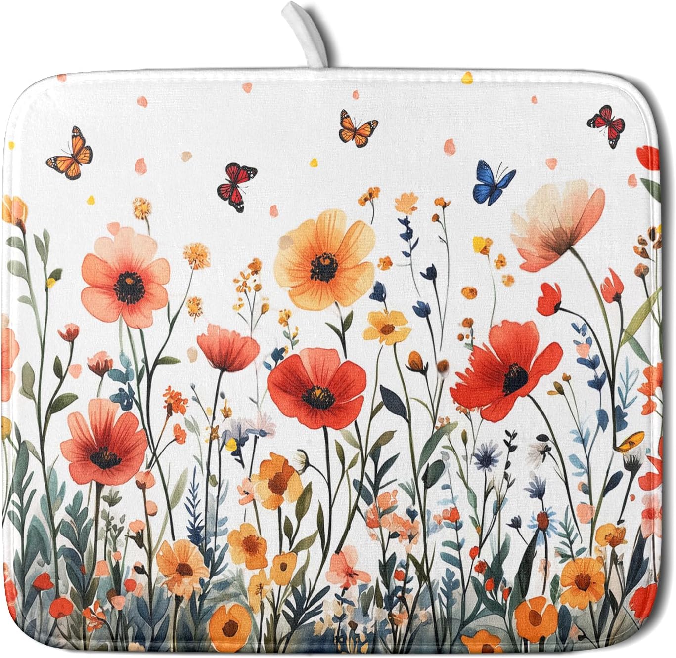 Poppy Flower Dish Drying Mat 16x18 Inch Floral Leaves Dish Drainer Protector Pad Washable Reversible Drying Pad for Kitchen Counter Sink