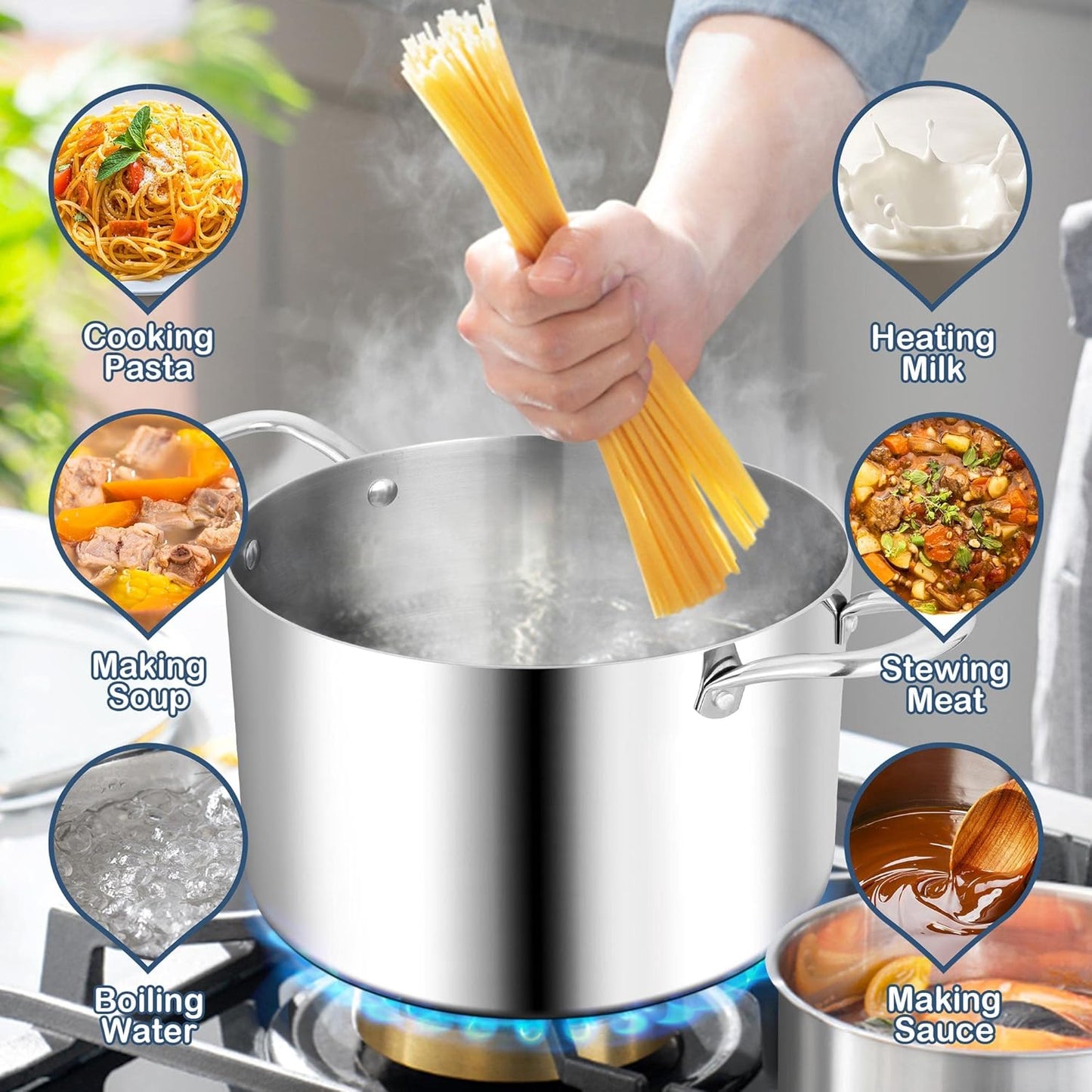 TeamFar 3.5 Quart Stock Pot, Tri-Ply Stainless Steel Pasta Cooking Pot with Lid, Tempered Glass Lid & Double Side Riveted Handles, Non-Toxic & Healthy, Heavy Duty & Dishwasher Safe