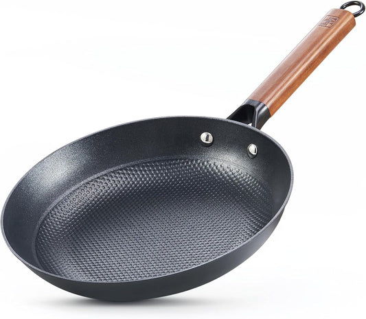 DM Cast Iron Skillet, 10 Inch Nonstick Frying Pan with Detachable Acacia Wooden Handle, Honeycomb Non stick Omelet Egg Pan, Easy Clean Oven Safe Pans for Cooking