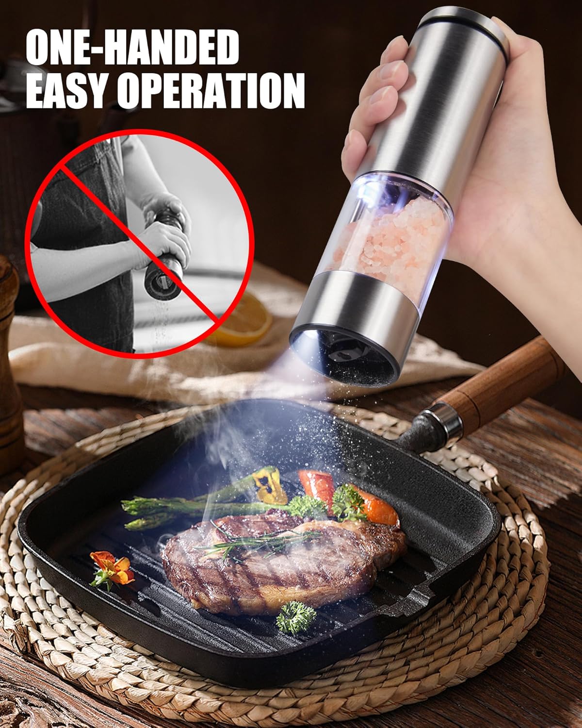 GiveBest Electric Salt and Pepper Grinder Set with Easy-to-Carry Charging Base and LED Light, Automatic Salt and Pepper Grinder Set, Adjustable Coarseness, USB Rechargeable, Washable Container