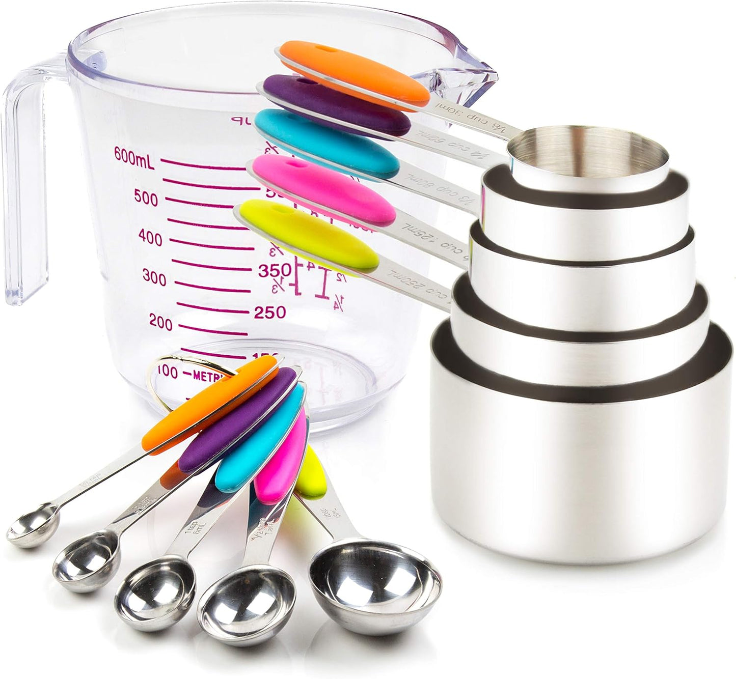 Measuring Cups and Spoons Set 11 Piece. Includes 10 Stainless Steel Measuring Spoons and Cups Set and 1 Plastic Measuring Cup. Liquid Measuring Cups Set and Dry Metal Measuring Cup Set