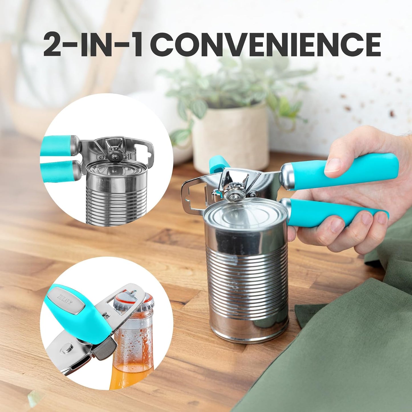 Zulay Kitchen Heavy Duty Stainless Steel Can Opener Manual with Bottle Opener - Rust Proof Manual Can Opener With Turn Knob & Soft Grip Handles